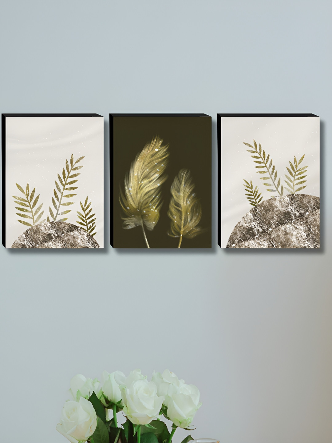 Aura Cream-Coloured & Gold-Toned 3 Pieces Leaf Wooden Painting Wall Art