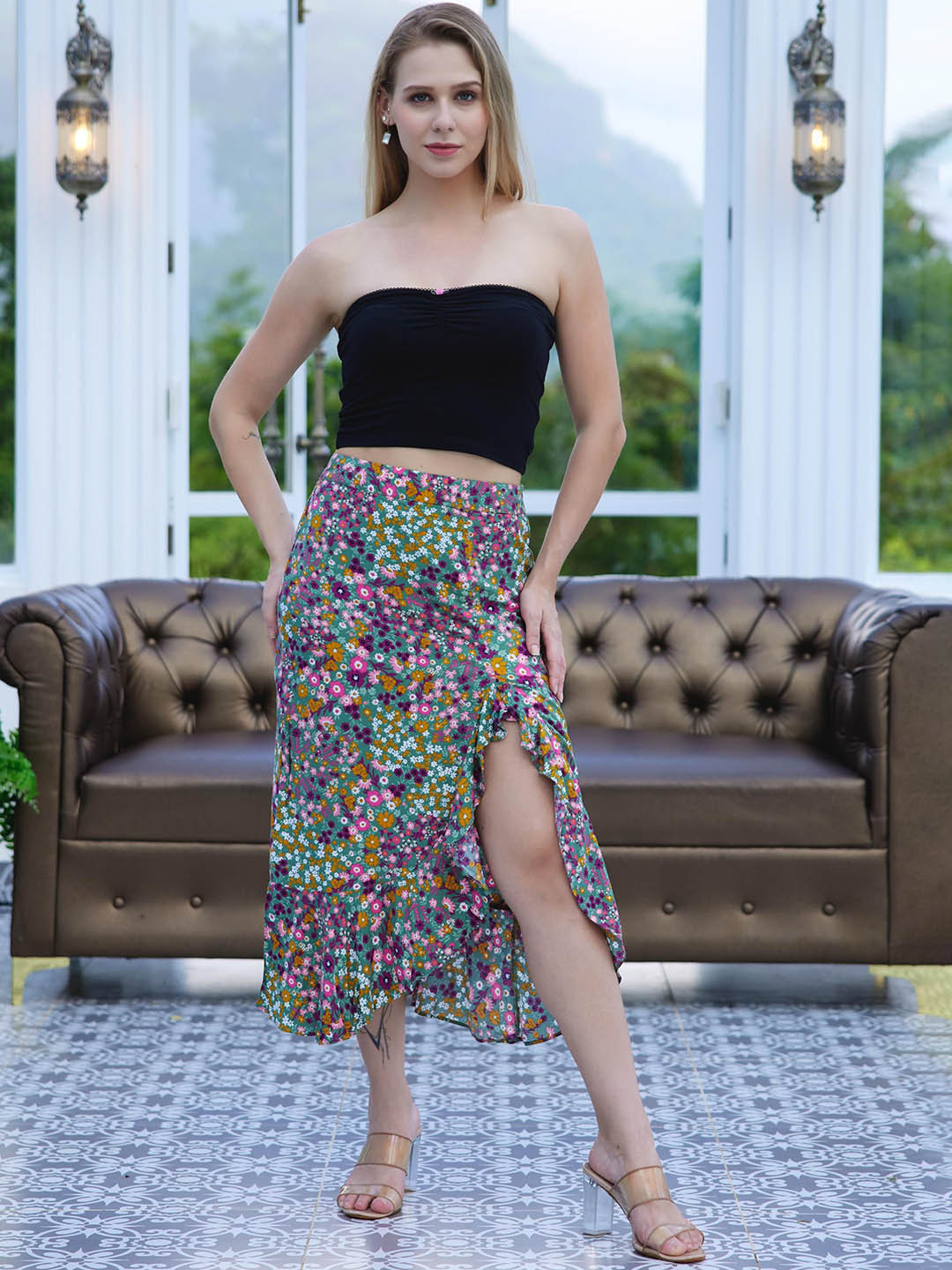 French Theory Women Floral Printed Ruffled Frills Midi Skirt