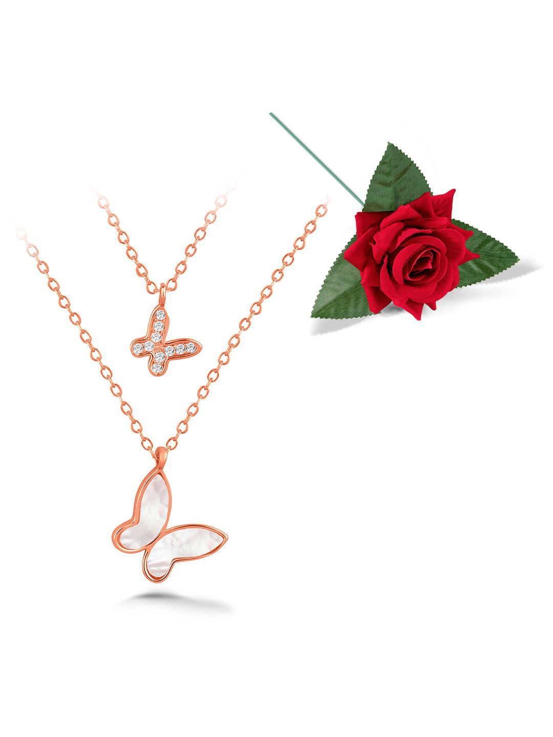 Peora Rose Gold-Plated Cubic Zirconia-Studded Butterfly-Shaped Pendants With Chains & Rose