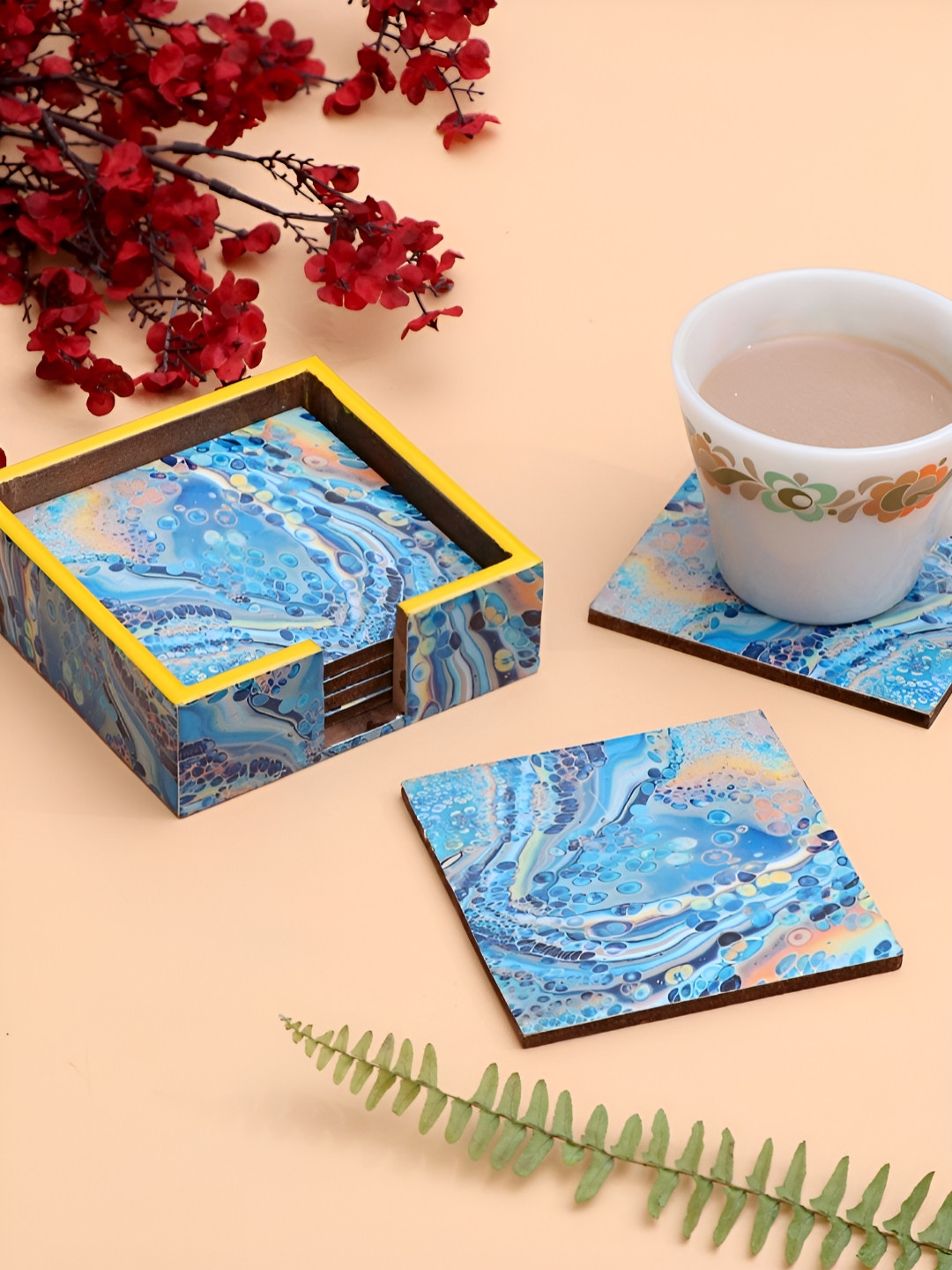 DULI  Blue & Yellow 6-Pcs Absract Printed Enameled Square Coasters With Stand