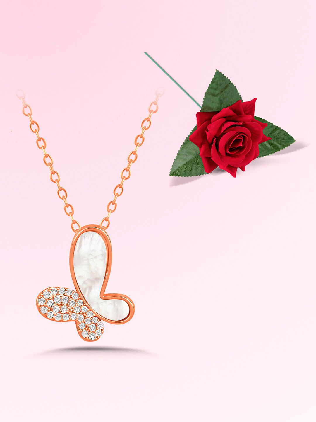Peora Rose Gold-Plated Cubic Zirconia-Studded Heart-Shaped Pendant With Chain