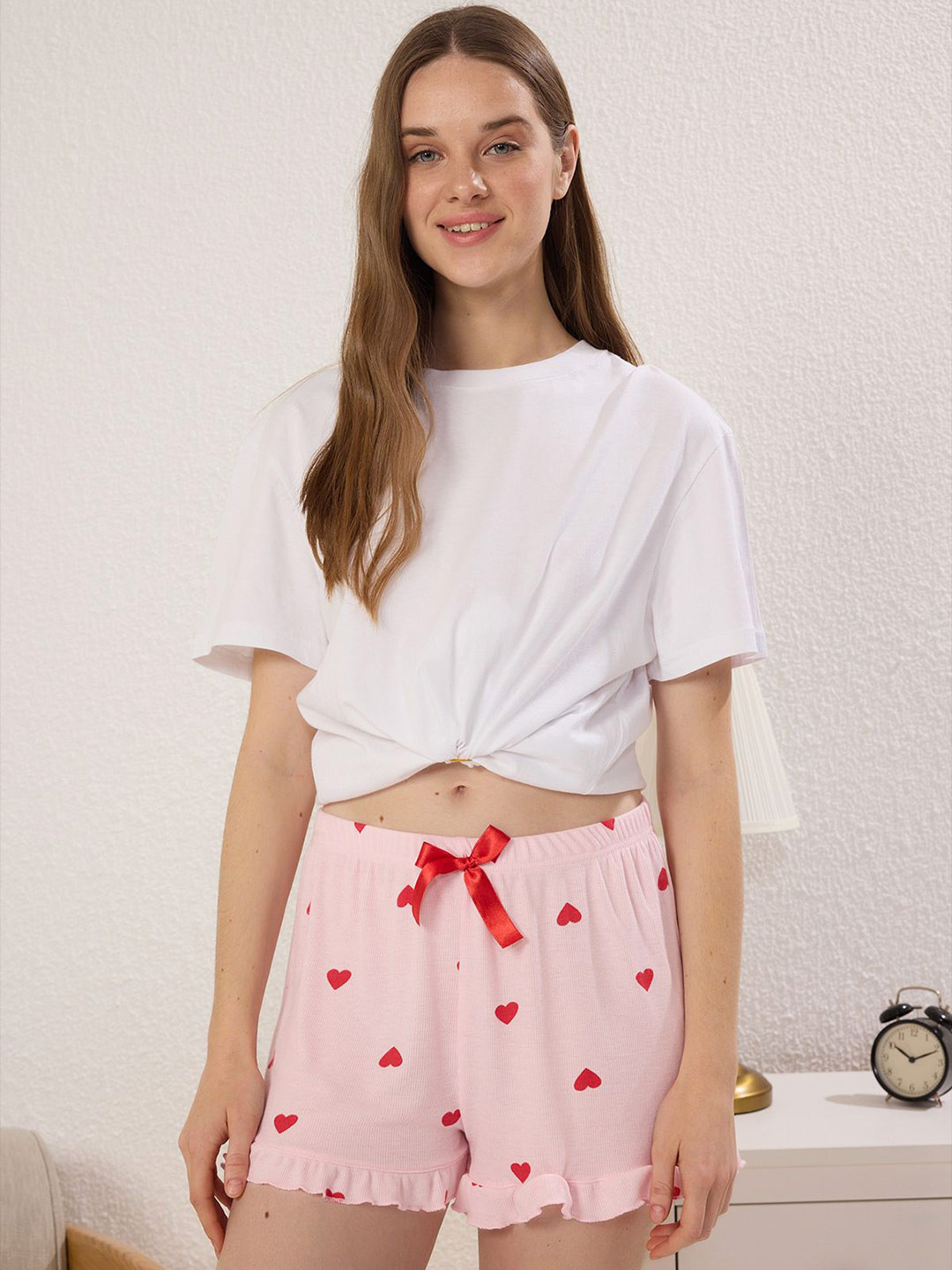 Trendyol Pack Of 2 Heart Printed Ruffled & Ribbon Bow Detail Lounge Shorts