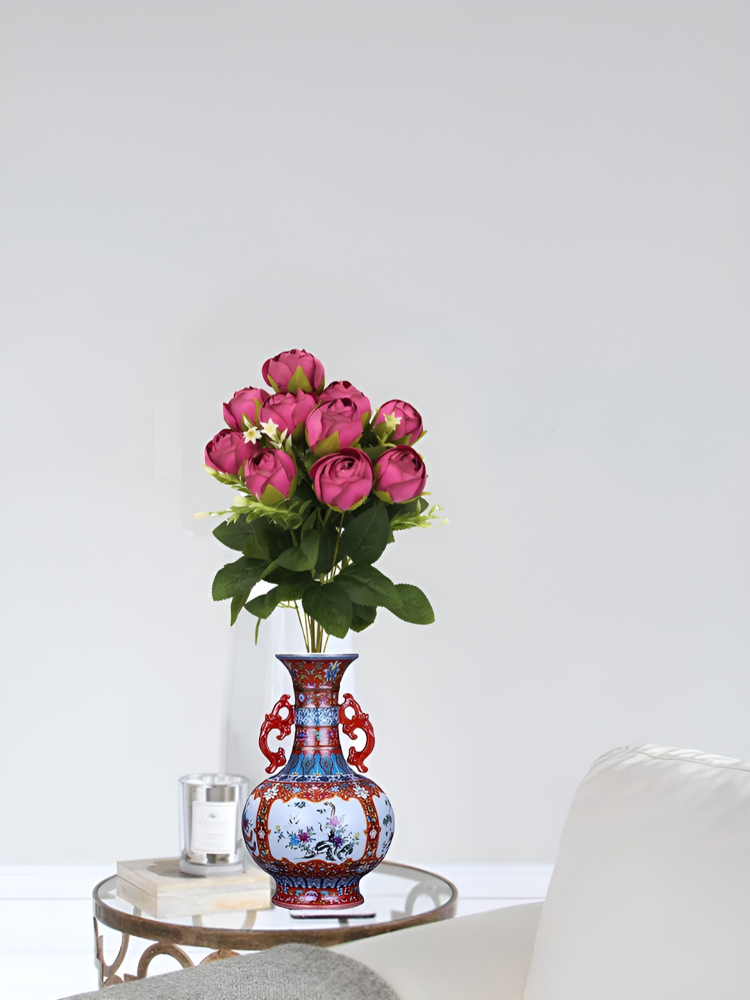 OGI INTERIORS Pink & Green Rose Bunch Of Artificial Flower