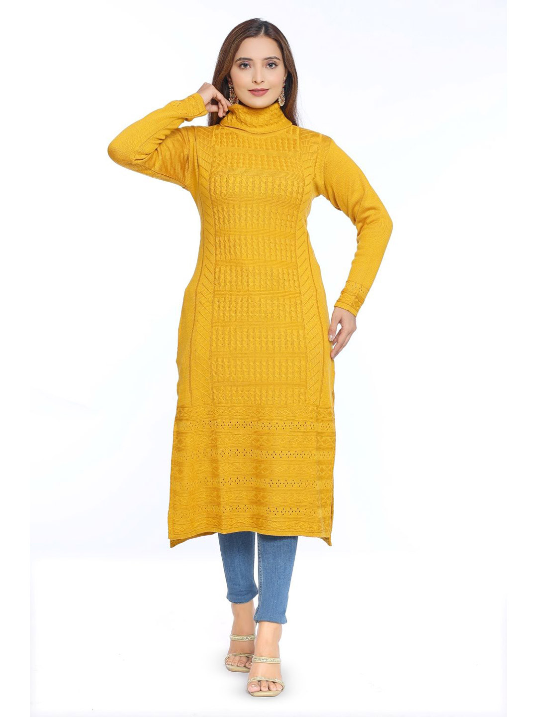 KNITZY Women Self Design Woolen Straight Kurta