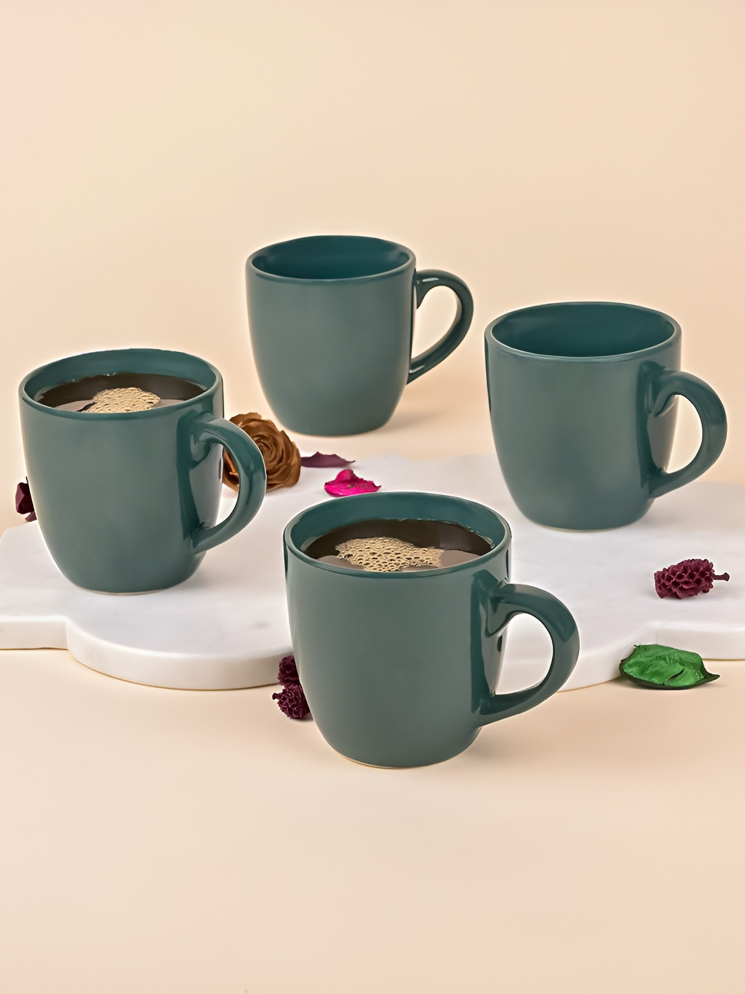 Storepedia Dotted Square Curve Shape Green Ceramic Handmade 4 Piece Mugs-200ml