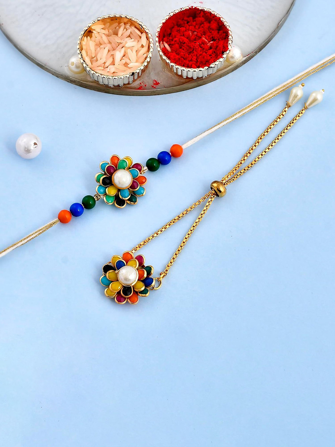 Ascension 2 Pcs Stones Studded & Beaded Rakhi With Roli Tilak & Fridge Magnet