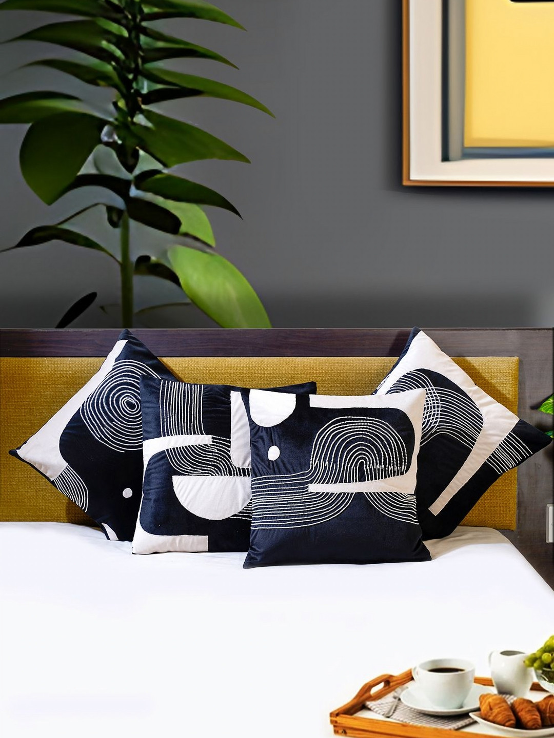 Mid July Home Mesmerizing Mystery Abstract Embroidered Velvet 4 Pcs Cushion Covers - 16 x 16 In