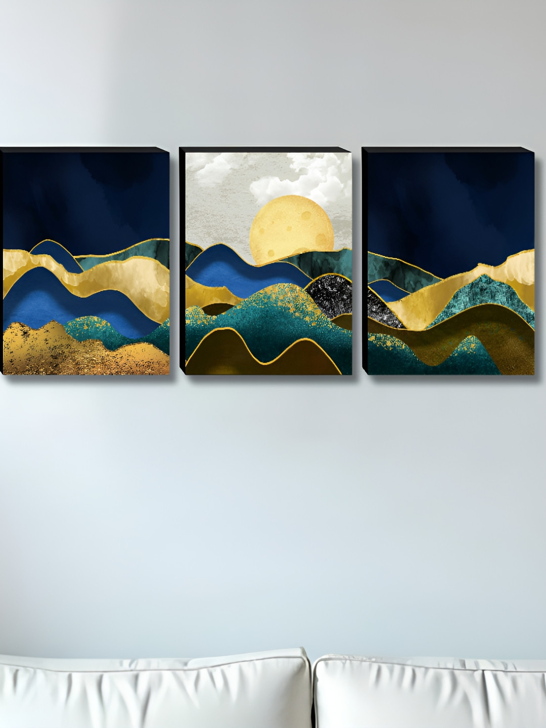 SAF Blue & Gold-Toned 3 Pieces Sun Rise Wood Wall Art