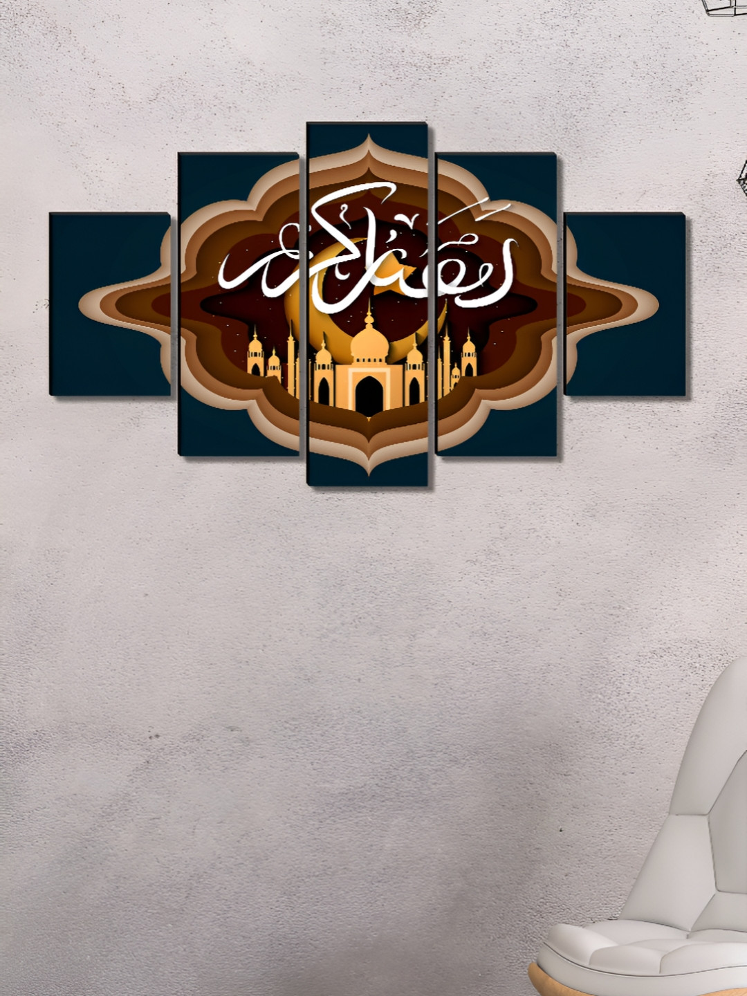 SAF Muslim Religion Wood 5 Piece Wall Rectangle Paintings Wall Art