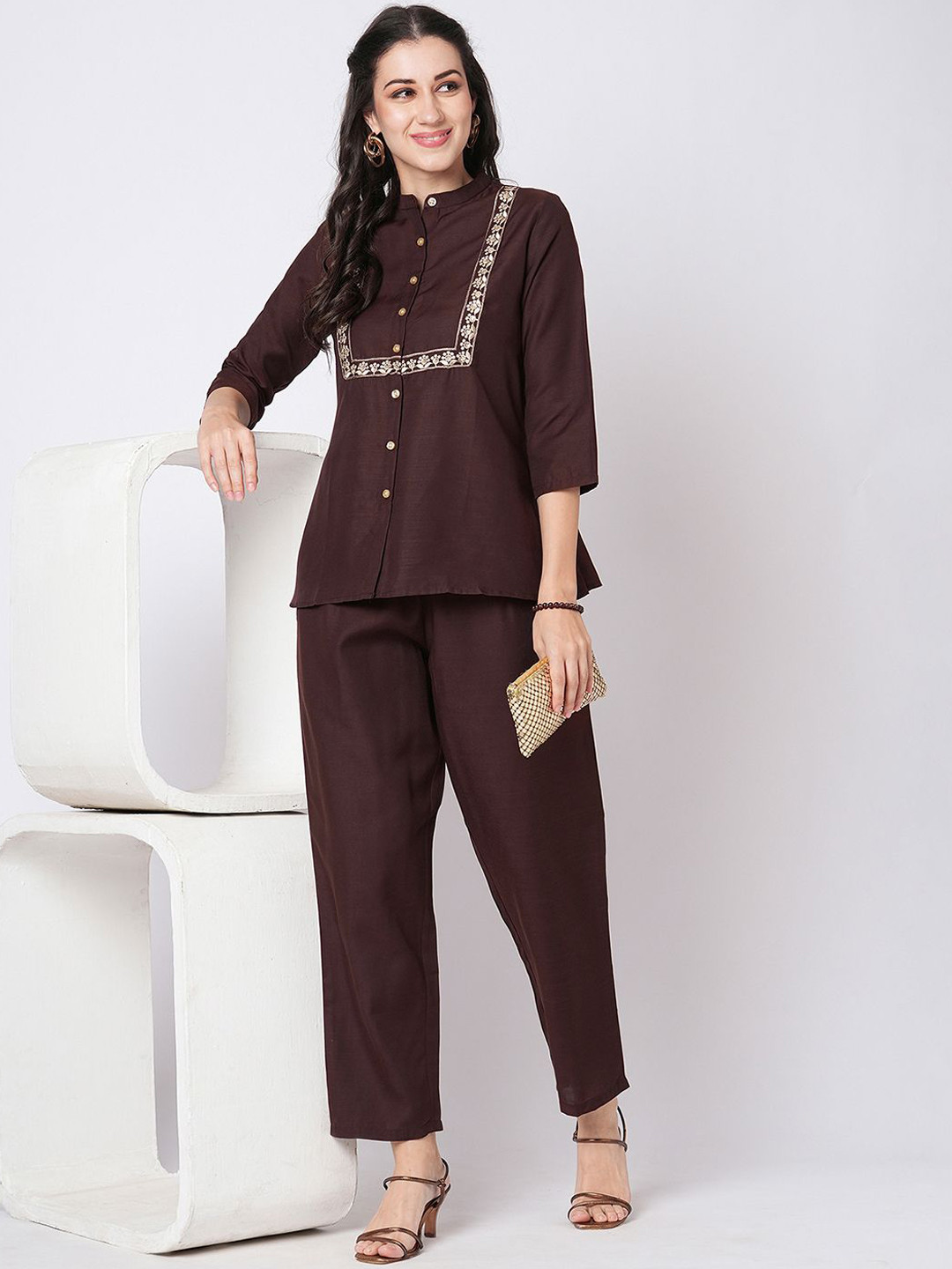 Selvia Embroidered Mandarin Collar Top With Trouser