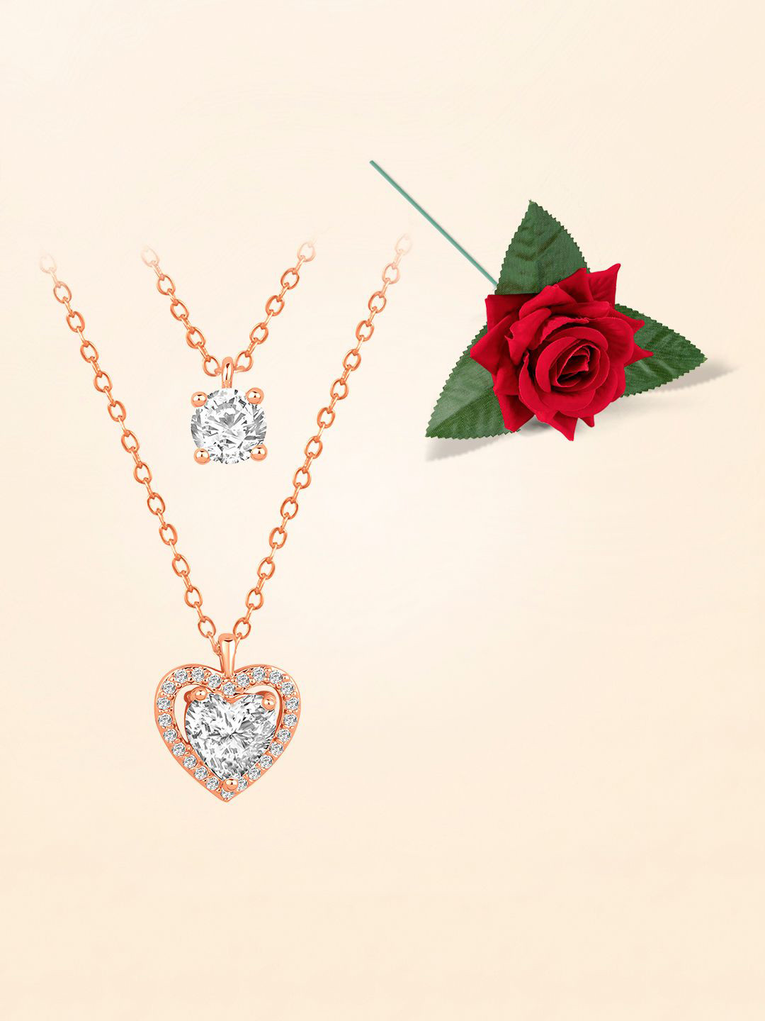 Peora Rose Gold-Plated CZ Studded Heart Shaped Two Layered Chain With Red Rose