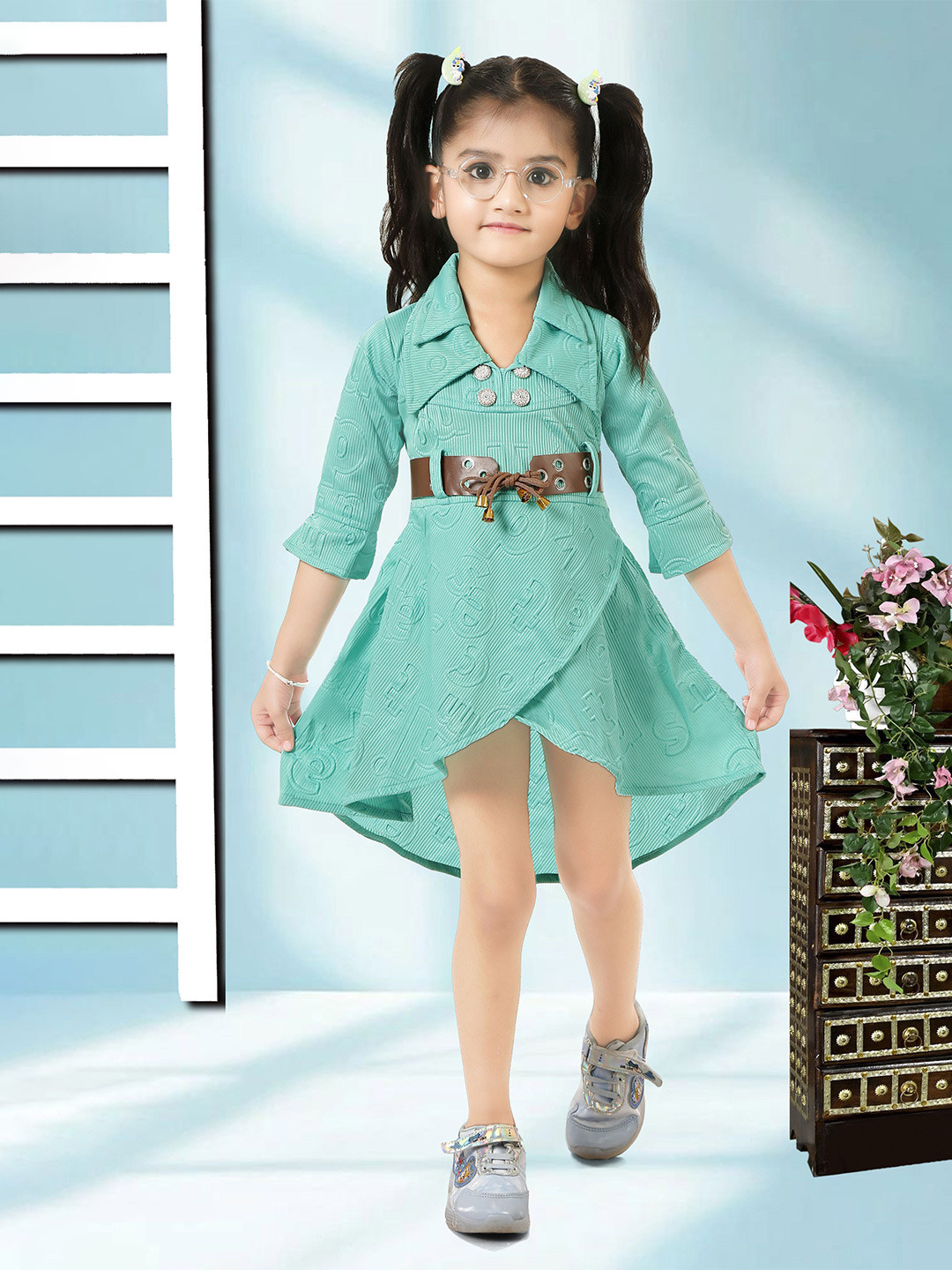 KAARIGARI Girl Typography Self Design Above the Keyboard Collar Belted Wrap Dress