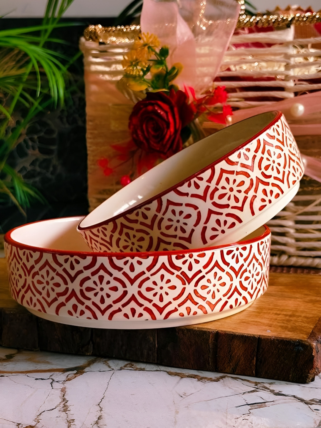 NIYARA White & Red 2 Pieces Printed Glossy Ceramic Salad Bowls