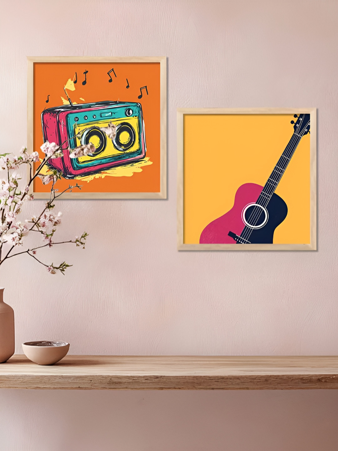 WALLLANE Pink & Orange 2 Piece Wood Abstract Wall Paintings