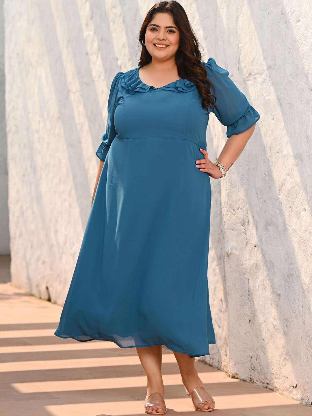 PrettyPlus by Desinoor.com Women Plus Size Princess Cut Frill Fit & Flare Maxi Dress