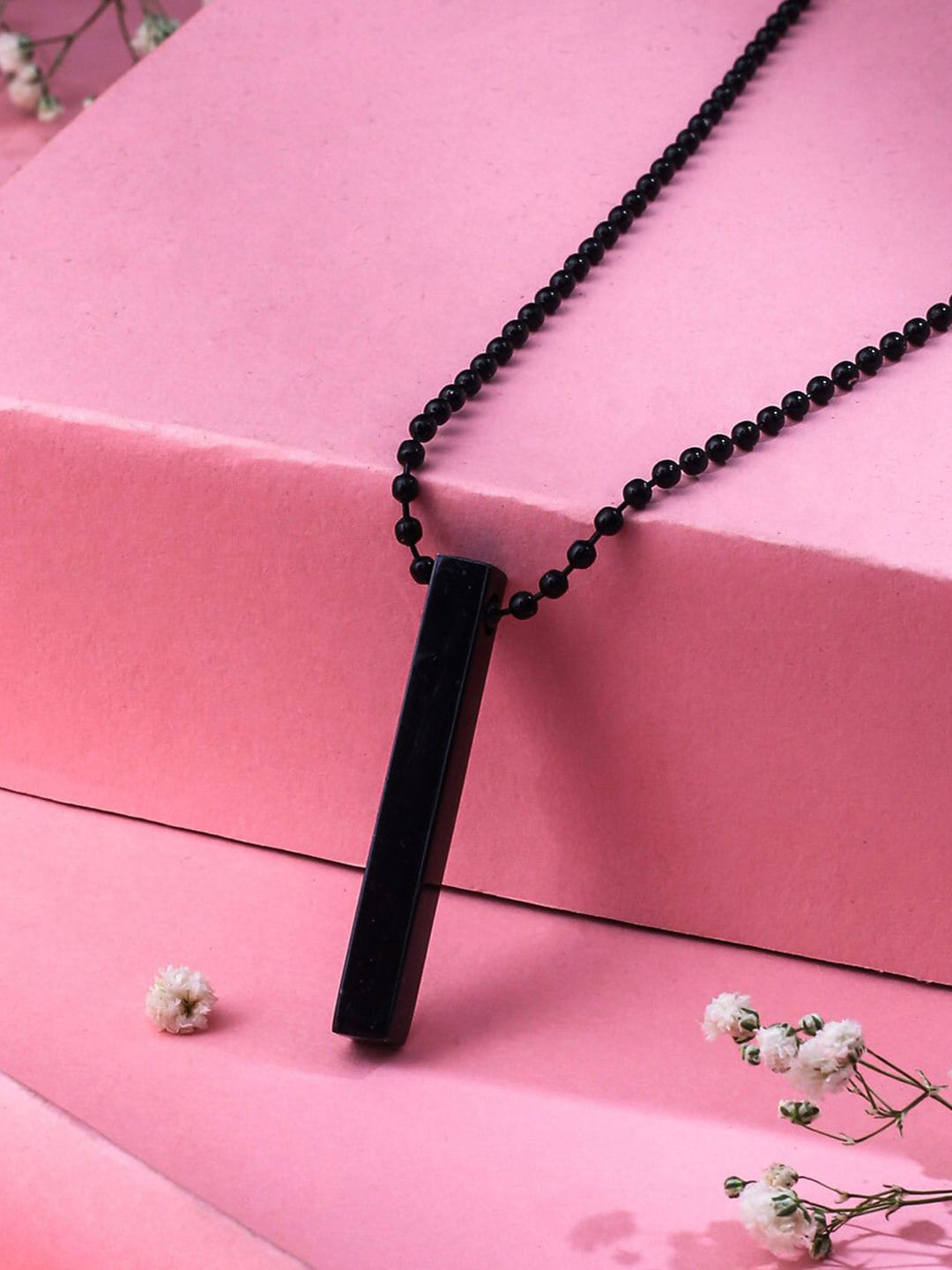 KRENOZ Men Silver-Plated Stainless Steel Bar Locket Pendant With Chain