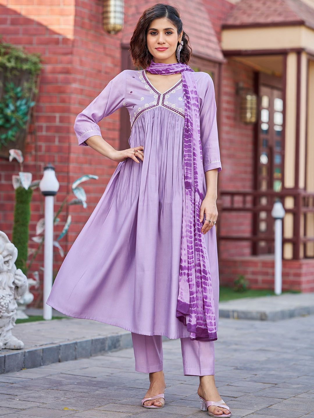 VIBE VISION Floral Embroidered Pure Silk V-Neck Empire Kurta With Trousers & Dupatta