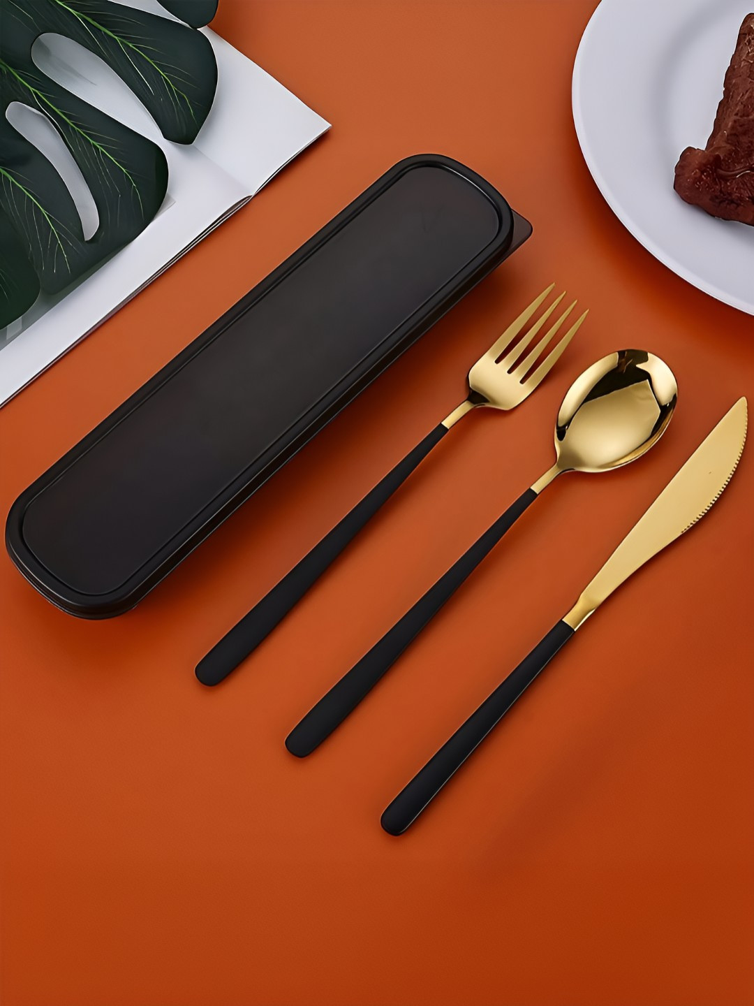 BonZeaL Portable 3 Pieces Gold-Toned Stainless Steel Cutlery Set With Box