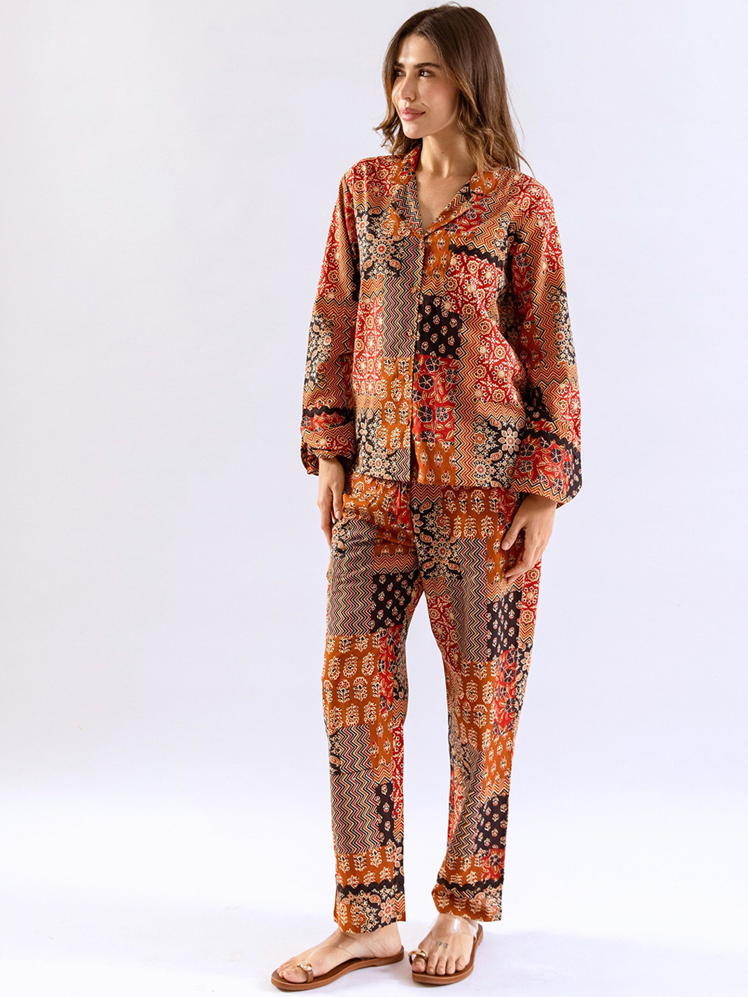 FEATHERS CLOSET Women Brown Snuggle Patch Pure Cotton Collar Shirt Night Suit