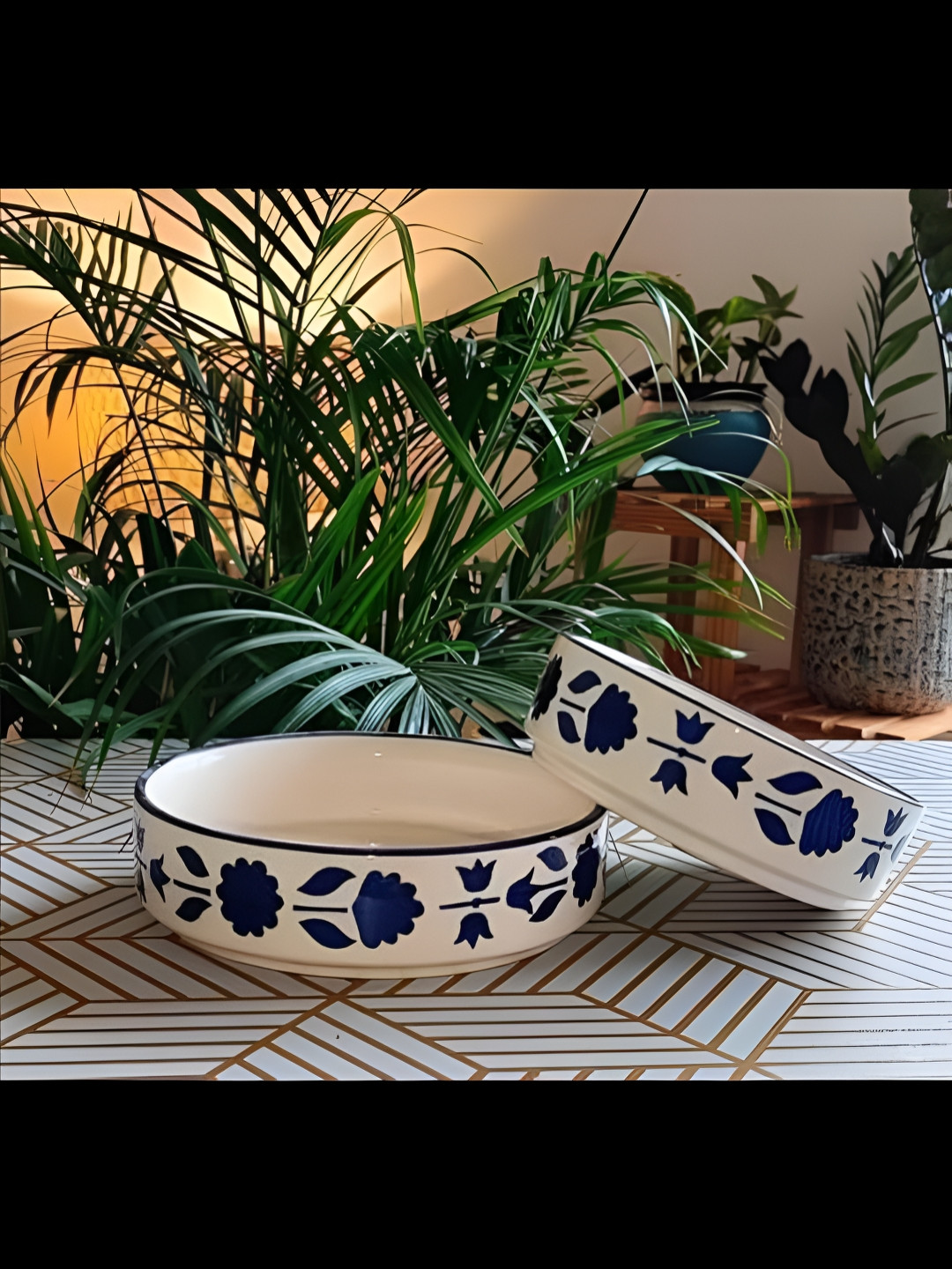 NIYARA White & Blue  2 Pieces Printed Glossy Ceramic Salad Bowls