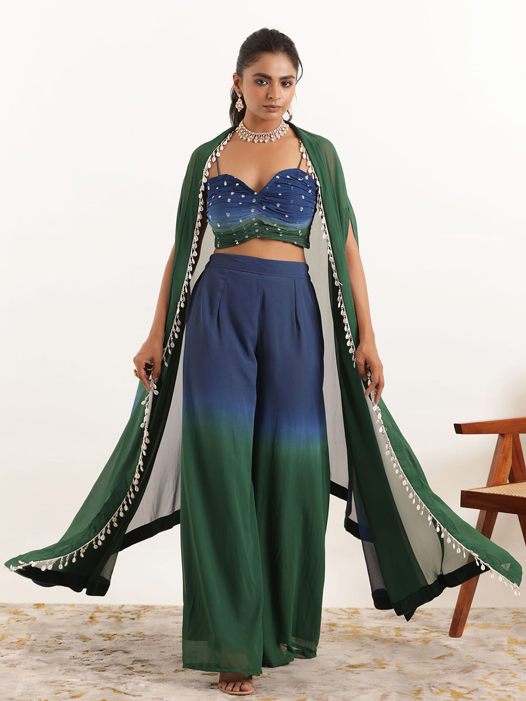DEASHA INDIA Embroidered Mirror Work Top With Palazzos And Shrug