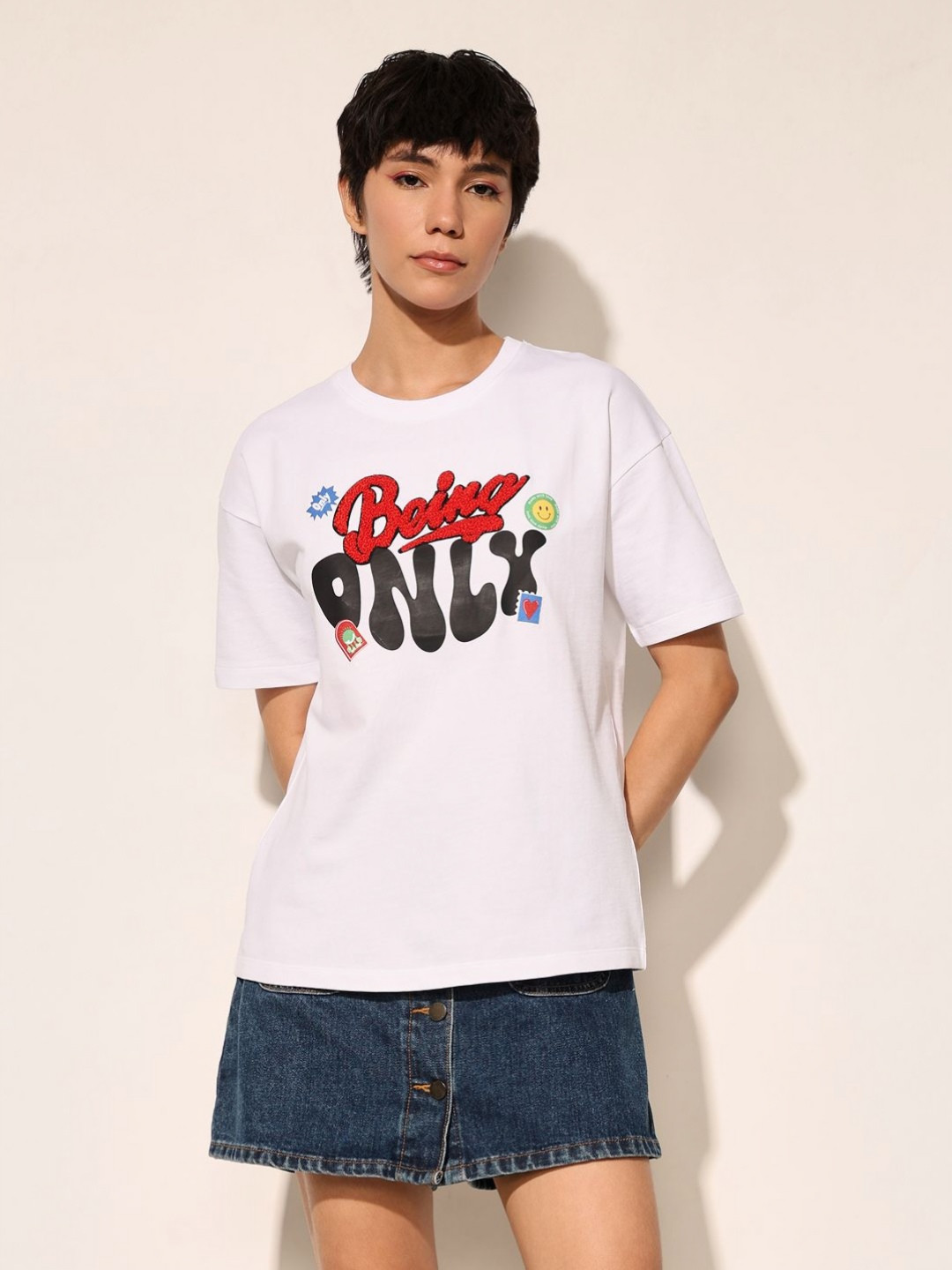 ONLY Women Typography Printed Round Neck Cotton T-shirt