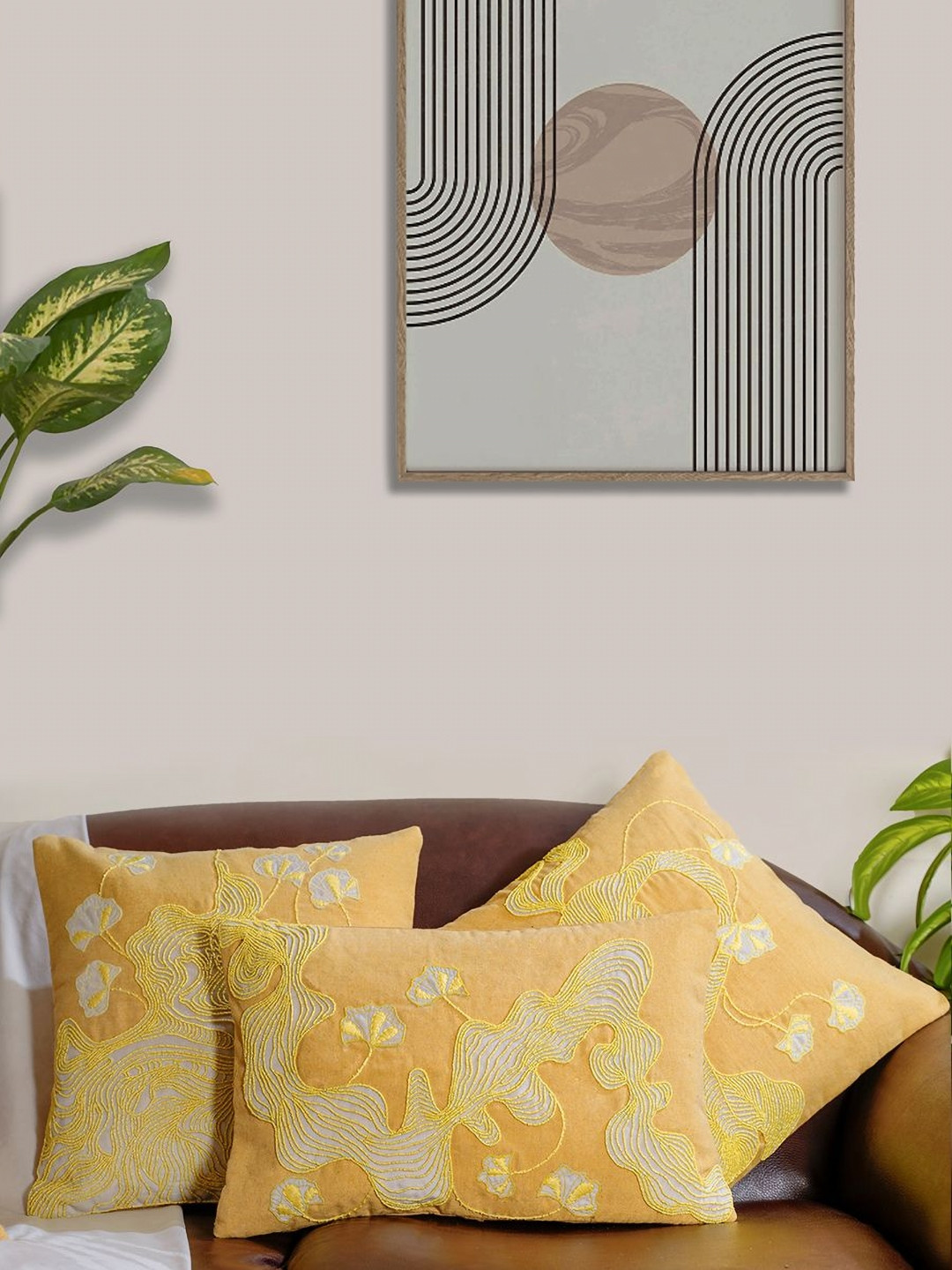 Mid July Home Yellow & White 3 Pieces Floral Embellished Cotton Square Cushion Covers