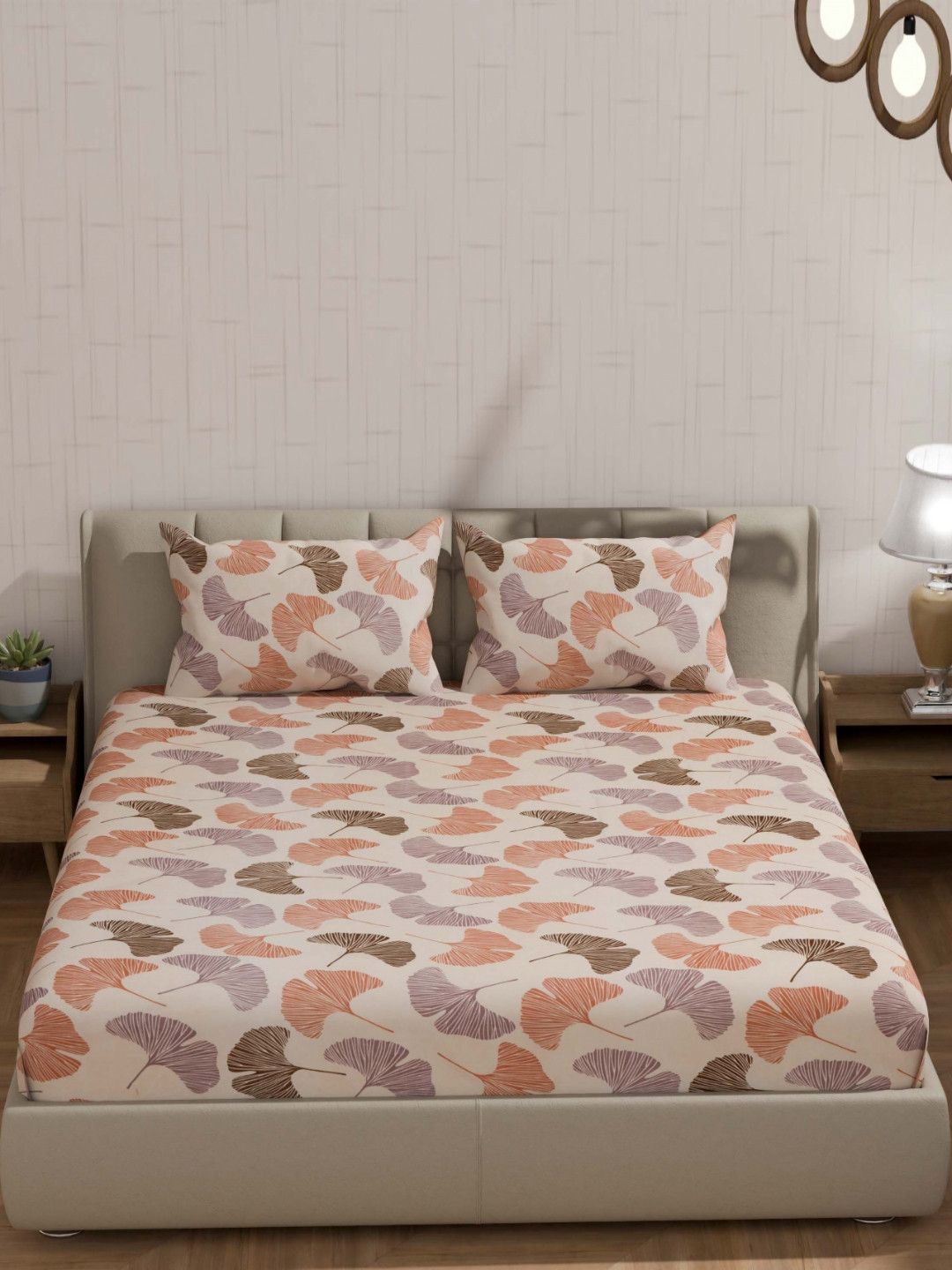 BLUEDOT Umang Beige Floral Polycotton 210 TC Fitted King Fine Bedsheet with 2 Pillow Covers-78 x 72 inches
