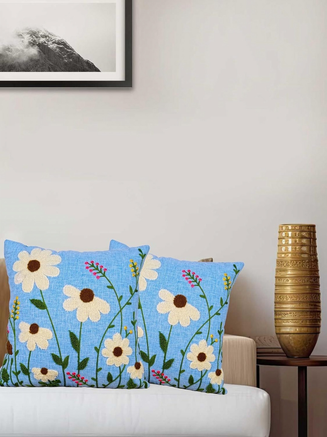 TANLOOMS Teal Linen Lightweight 2 Piece Embroidered Square Cushion Covers -16x16In