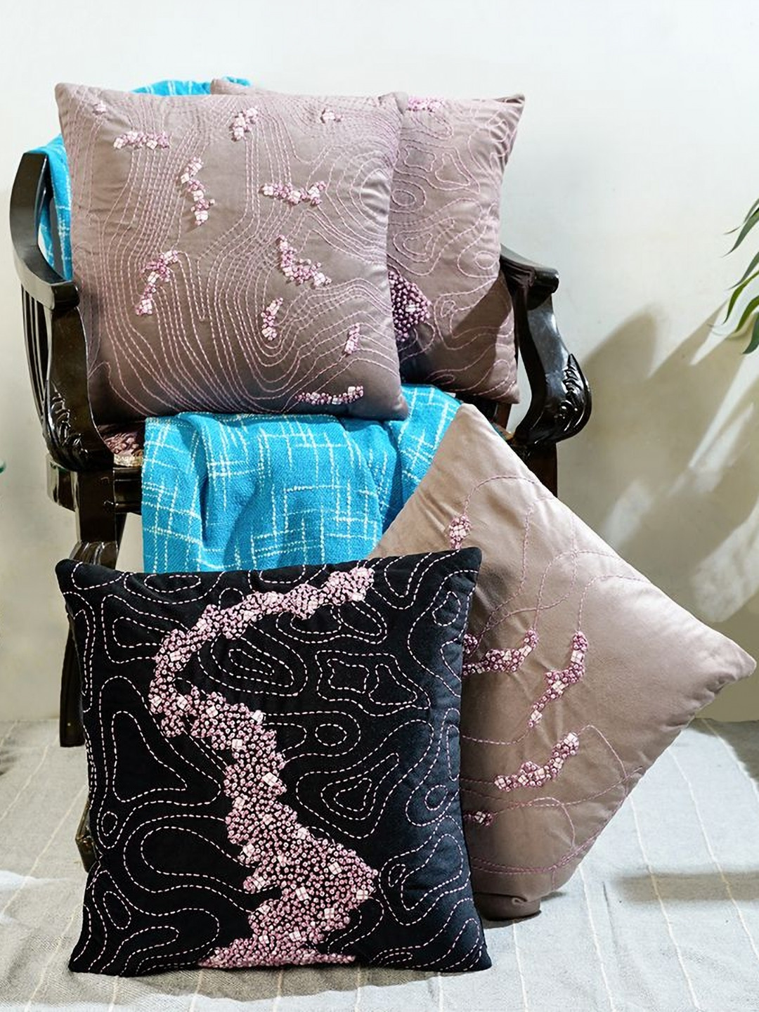 Mid July Home Embroidery Velvet Washable 4 Pcs Embroidered Square Cushion Covers -16x16In