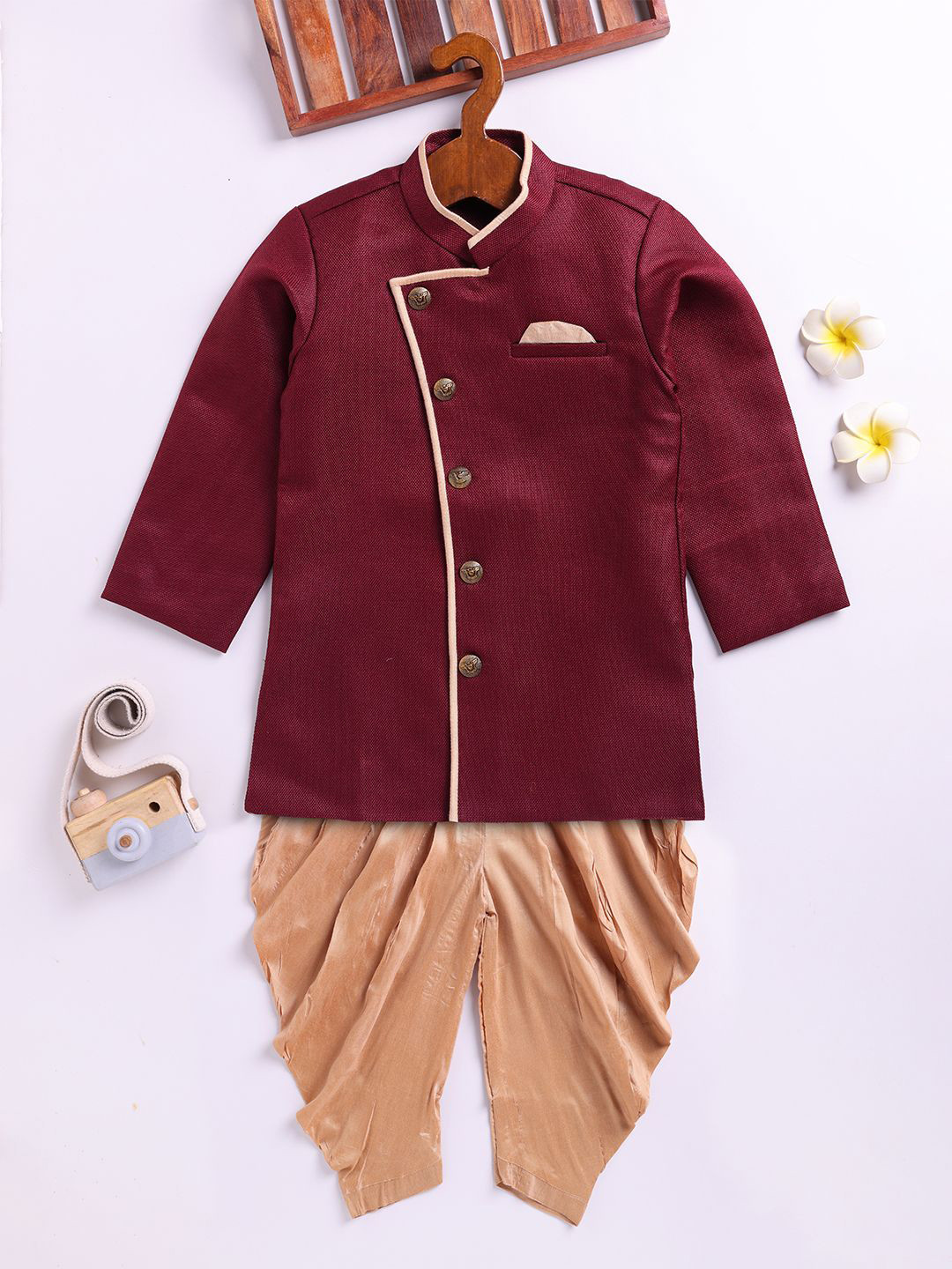 JBN Creation Infant Boys Self-Design Full Sleeves Angrakha Indo Western Sherwani Set