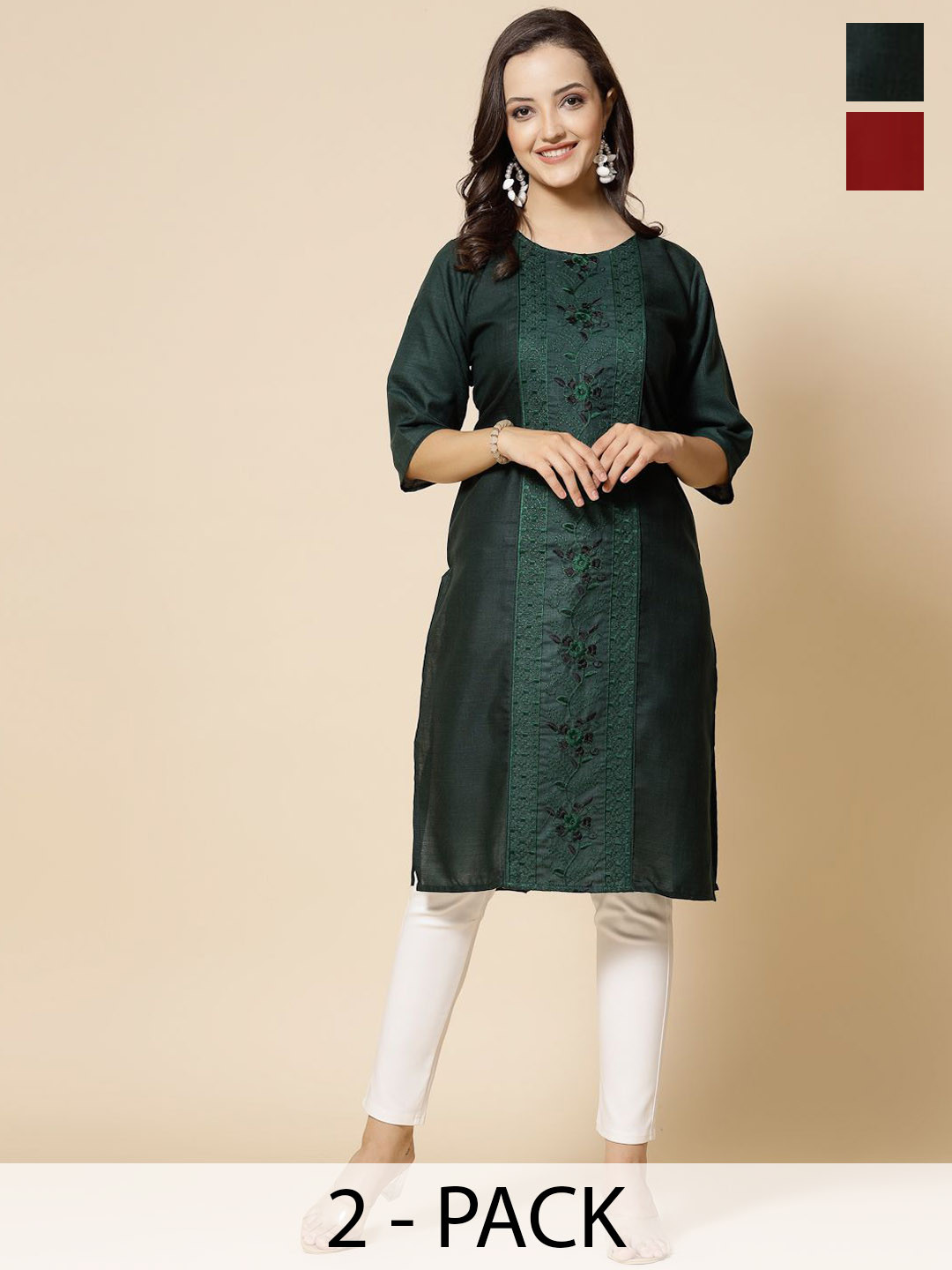 Moda RapidoSelection Of 2 Floral Embroidered Boat Neck Pure Cotton Sleeves Kurtas