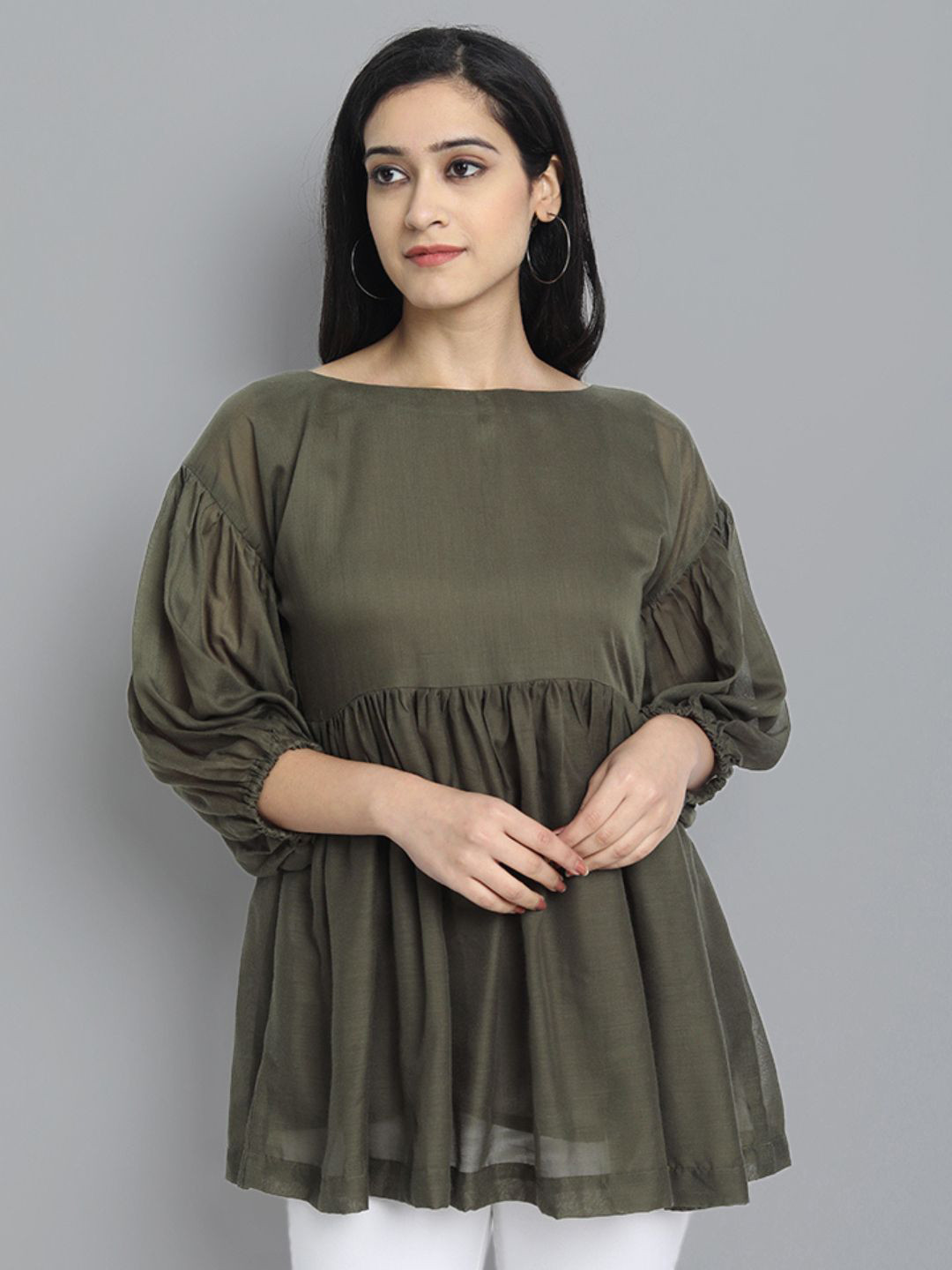 Mera Rang Solid A-Line Bishop Sleeves Longline Top With Gathered or Pleated