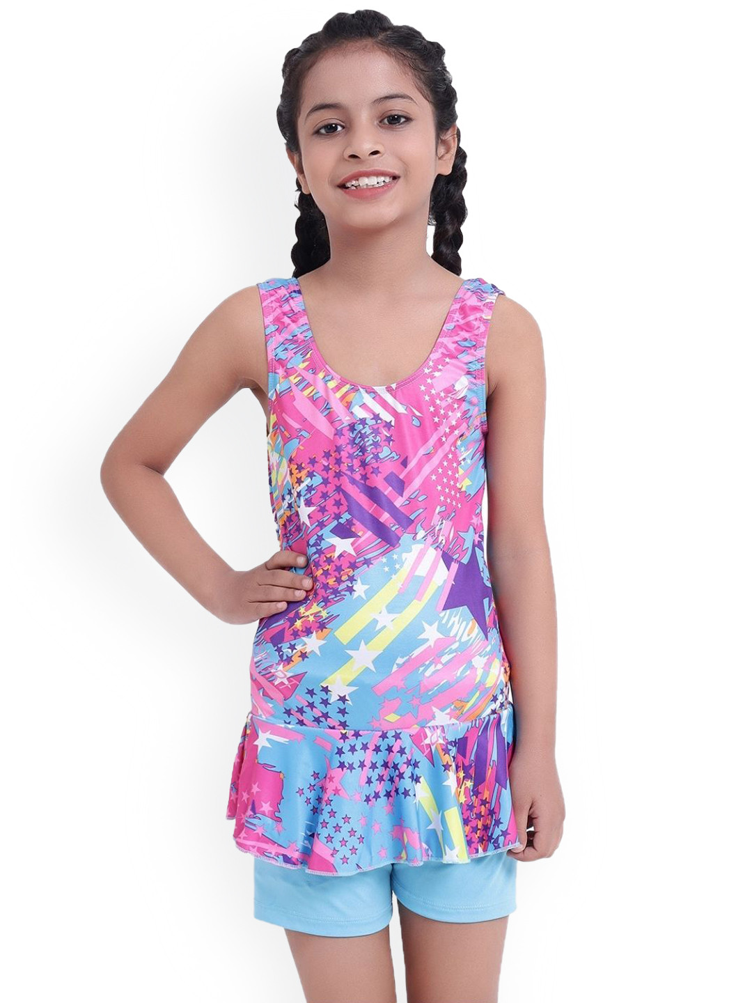 SHIFTER Abstract Printed Round Neck Swim Dress With Shorts