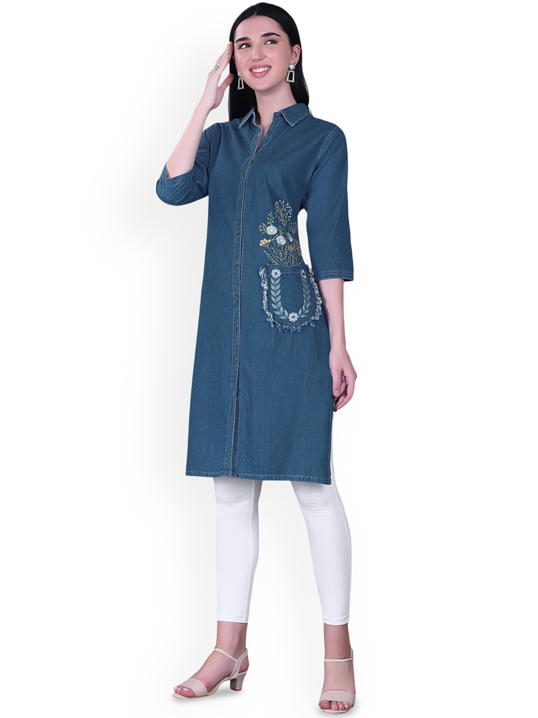 CEFALU Floral Embroidered Shirt Collar Thread Work Denim Straight Kurta