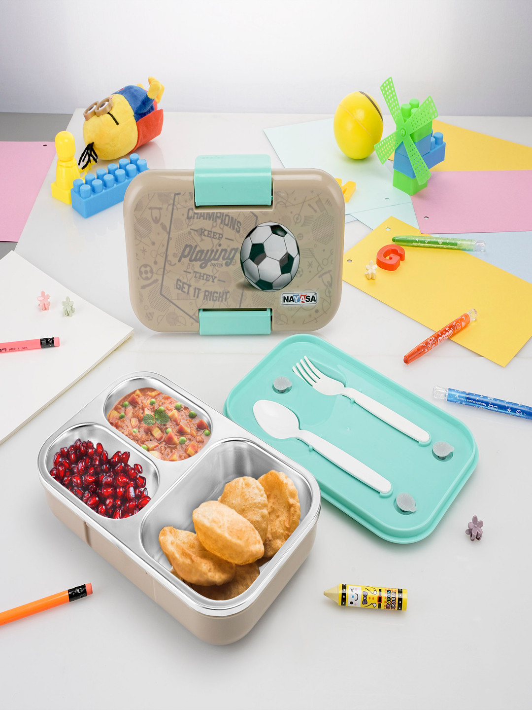 Nayasa Marco Vaccum Sealed Insulated Typography 4PCs Lunch Box With Spoon and Fork