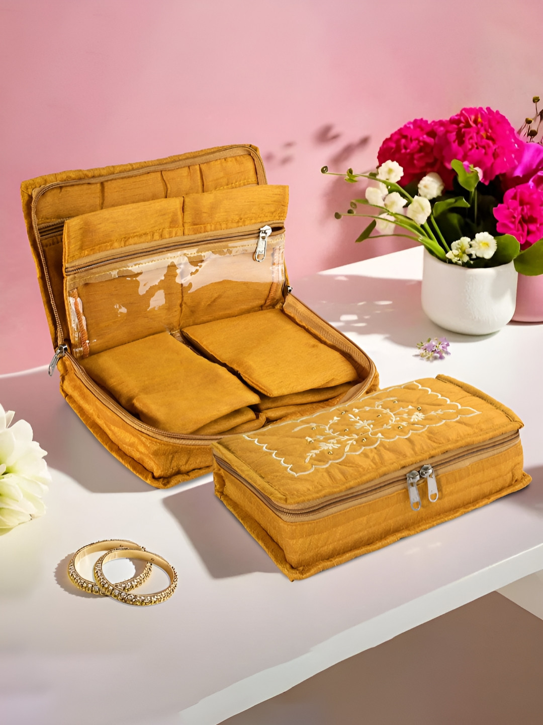 Myntra Elegant Homes Yellow 2 Pcs Jewellery Box 7-Compartments Pouch Jewellery Organisers