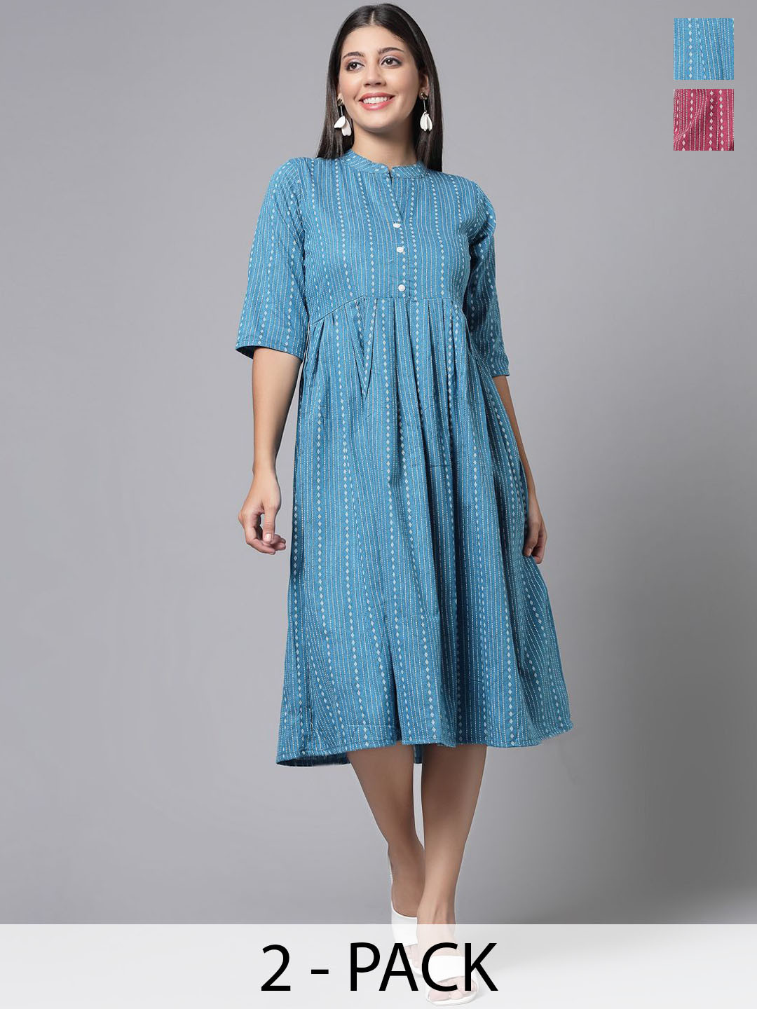 Moda Rapido Selection Of 2 Striped Mandarin Collar A Line Pure Cotton Dress