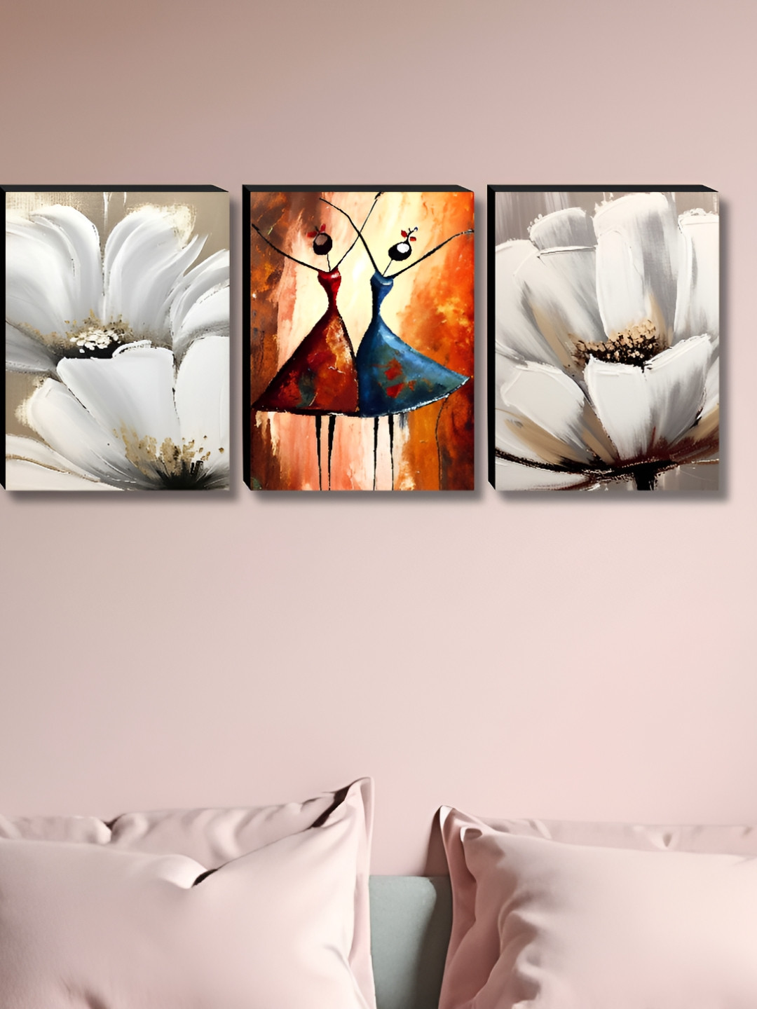 Aura White & Red 3 Pieces Wooden Girls & Flowers Wall Paintings
