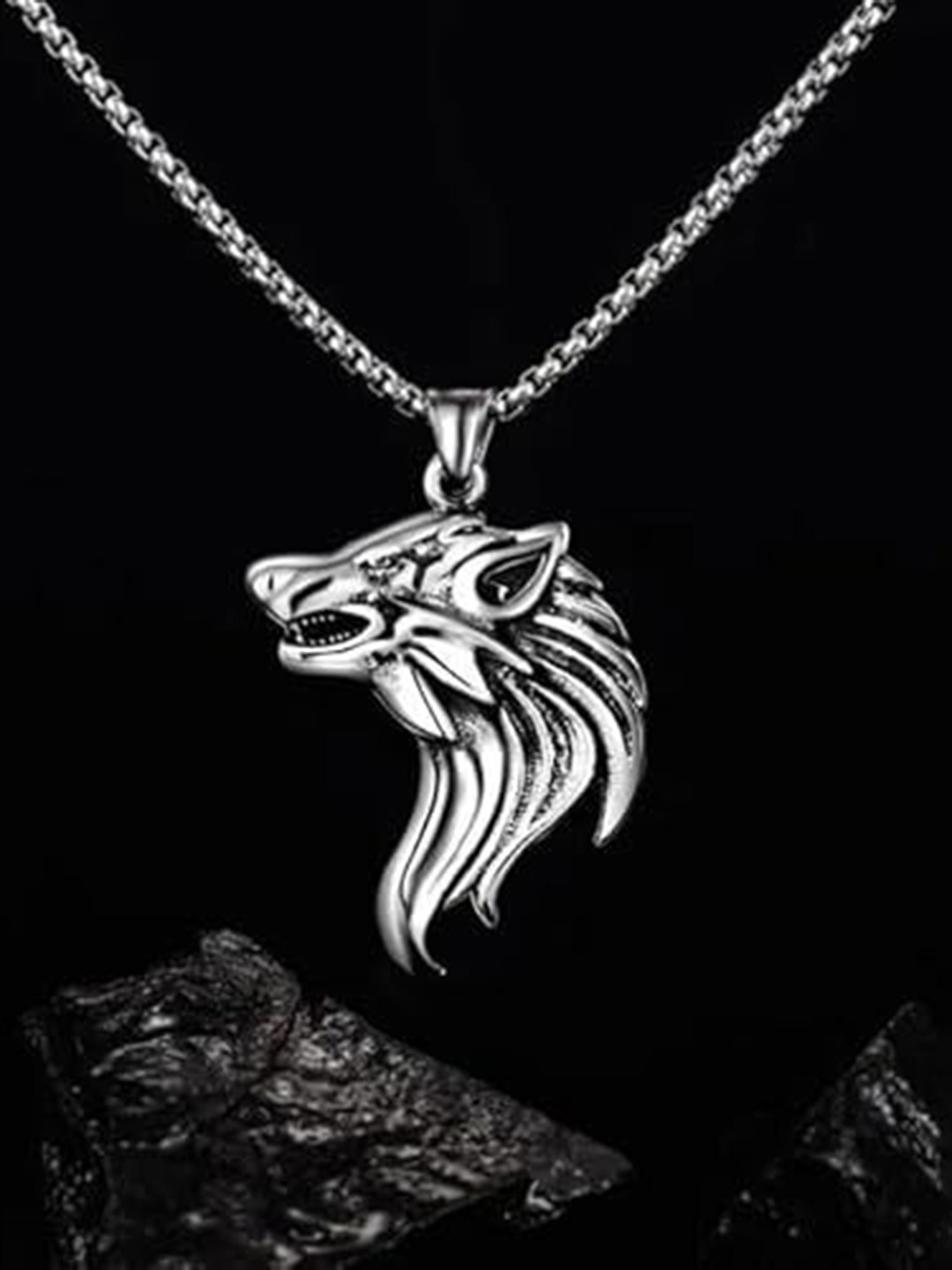 AGARWALPRODUCT Stainless Steel Silver-Plated Wolf Pendant With Chain