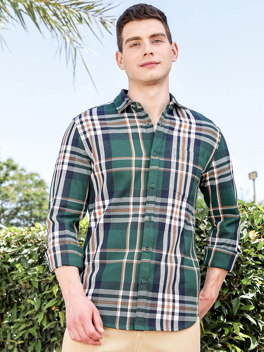 HERE&NOW Men New Slim Fit Spread Collar Tartan Checked Cotton Casual Shirt