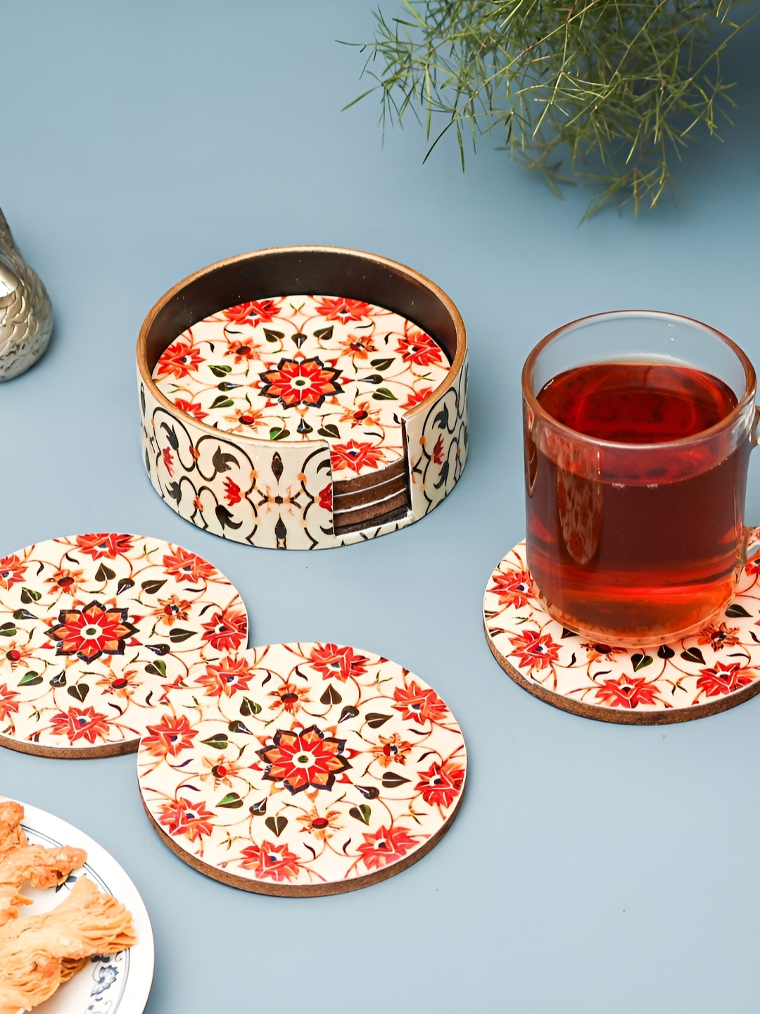 DULI White & Red 6 Pcs Floral Printed Round Enamel Wooden Coasters With Stand