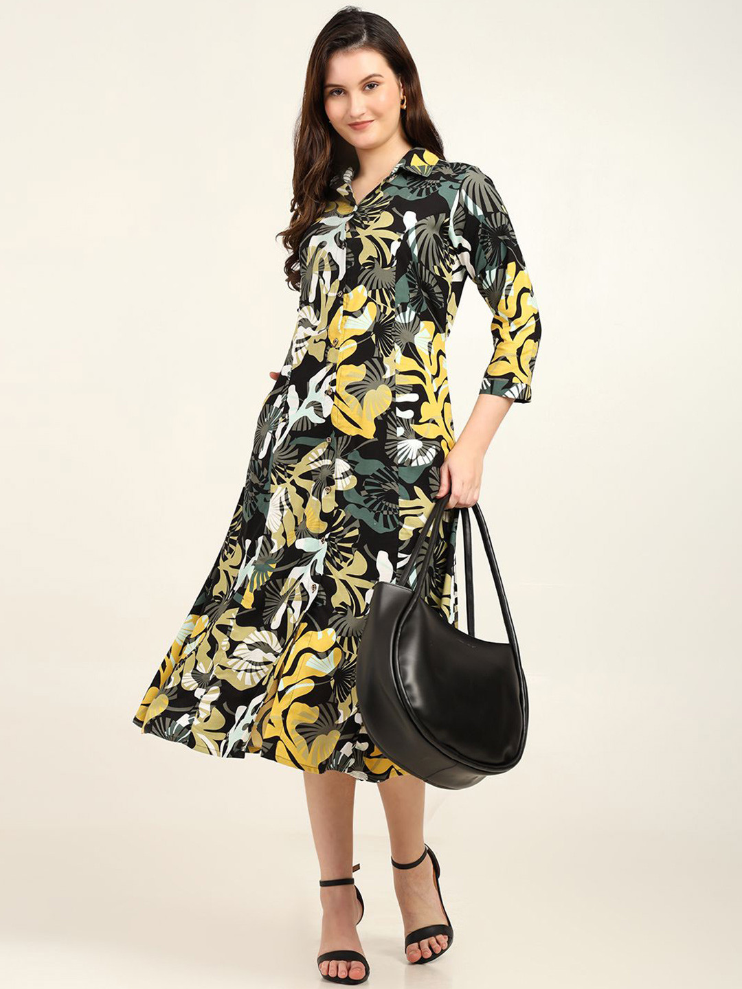 CRAFTBAZAR Women  Print A-Line Shirt Style  Midi Dress