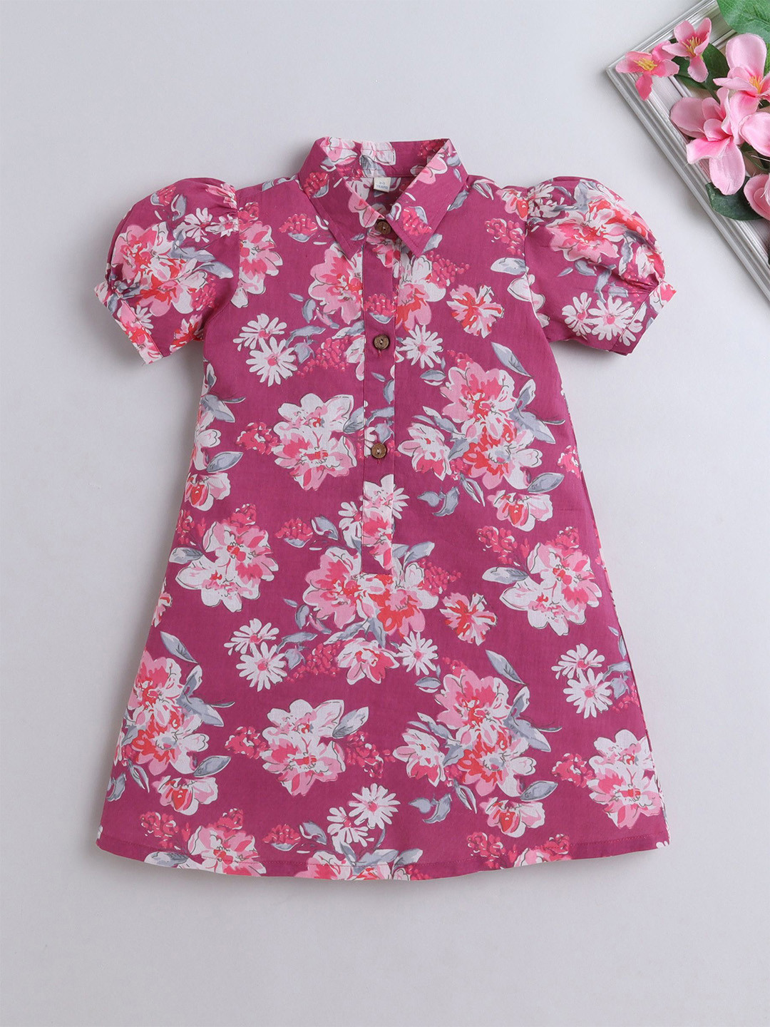 The Magic Wand Girls Floral Print Shirt Collar Puff Sleeve Knee Length A-Line Dress
