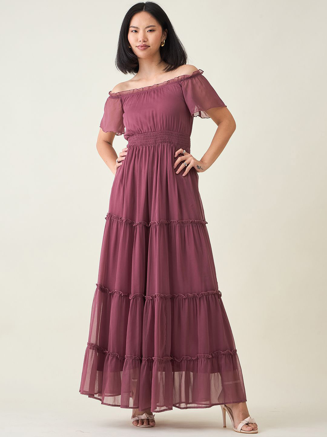 aayu Women Off-Shoulder Layered Chiffon Fit-Flare Dress