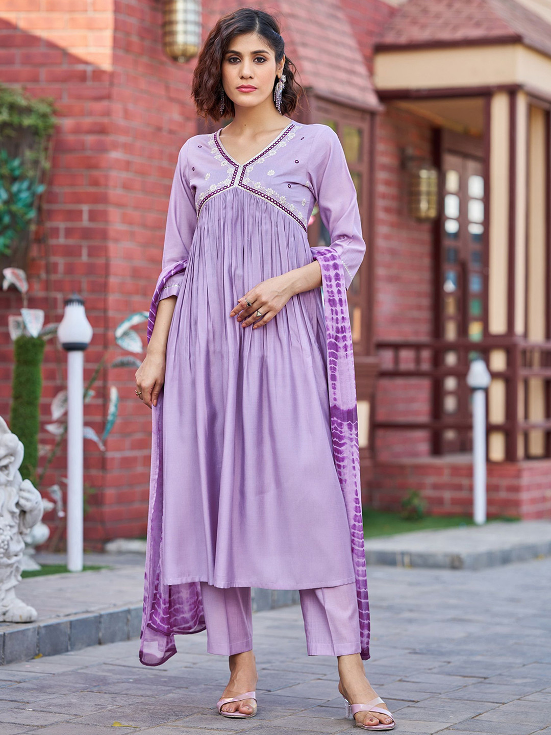 Moda Rapido Yoke Design A-Line Pure Silk Kurta With Trousers And Dupatta
