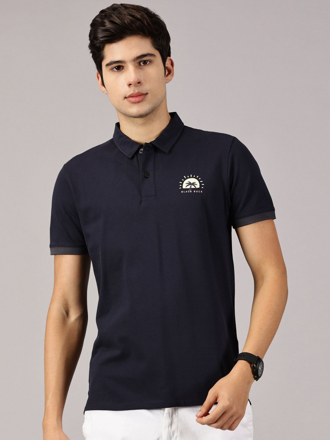 BLACK BUCK Back Printed Polo Collar Cotton Tshirt