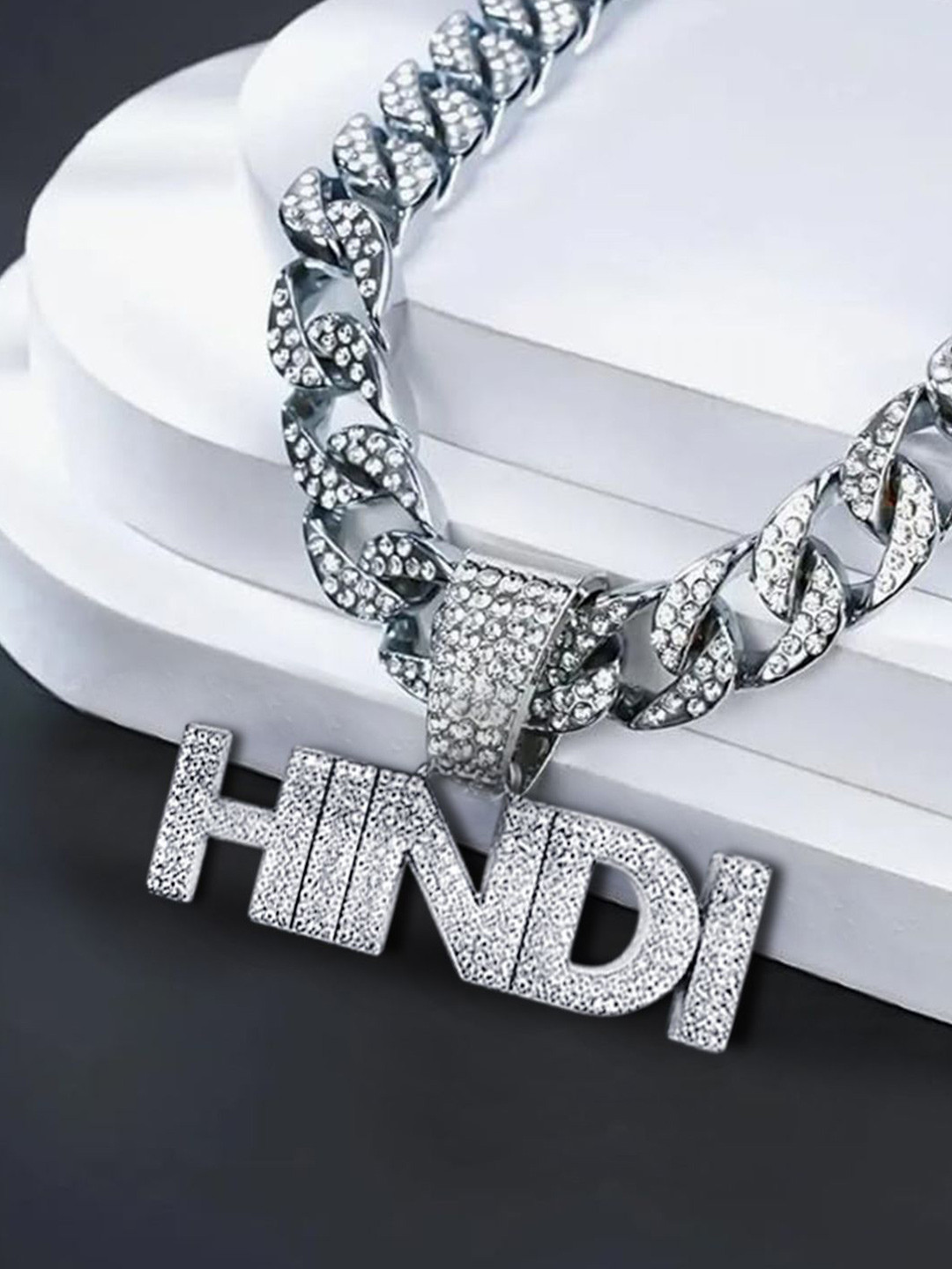 KRENOZ Silver-Plated Rhinestone Studded Hindi Pendant With Cuban Link Chain