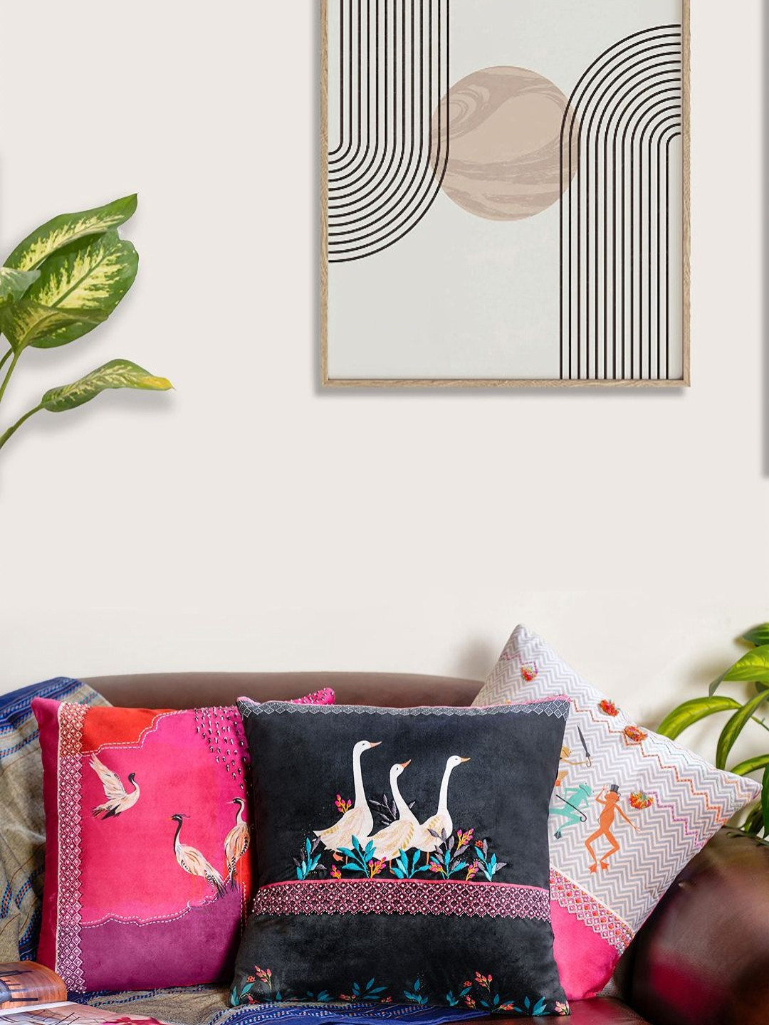 Mid July Home Pink & Black 3 Pieces Quirky Embroidered Premium Velvet Square Cushion Cover