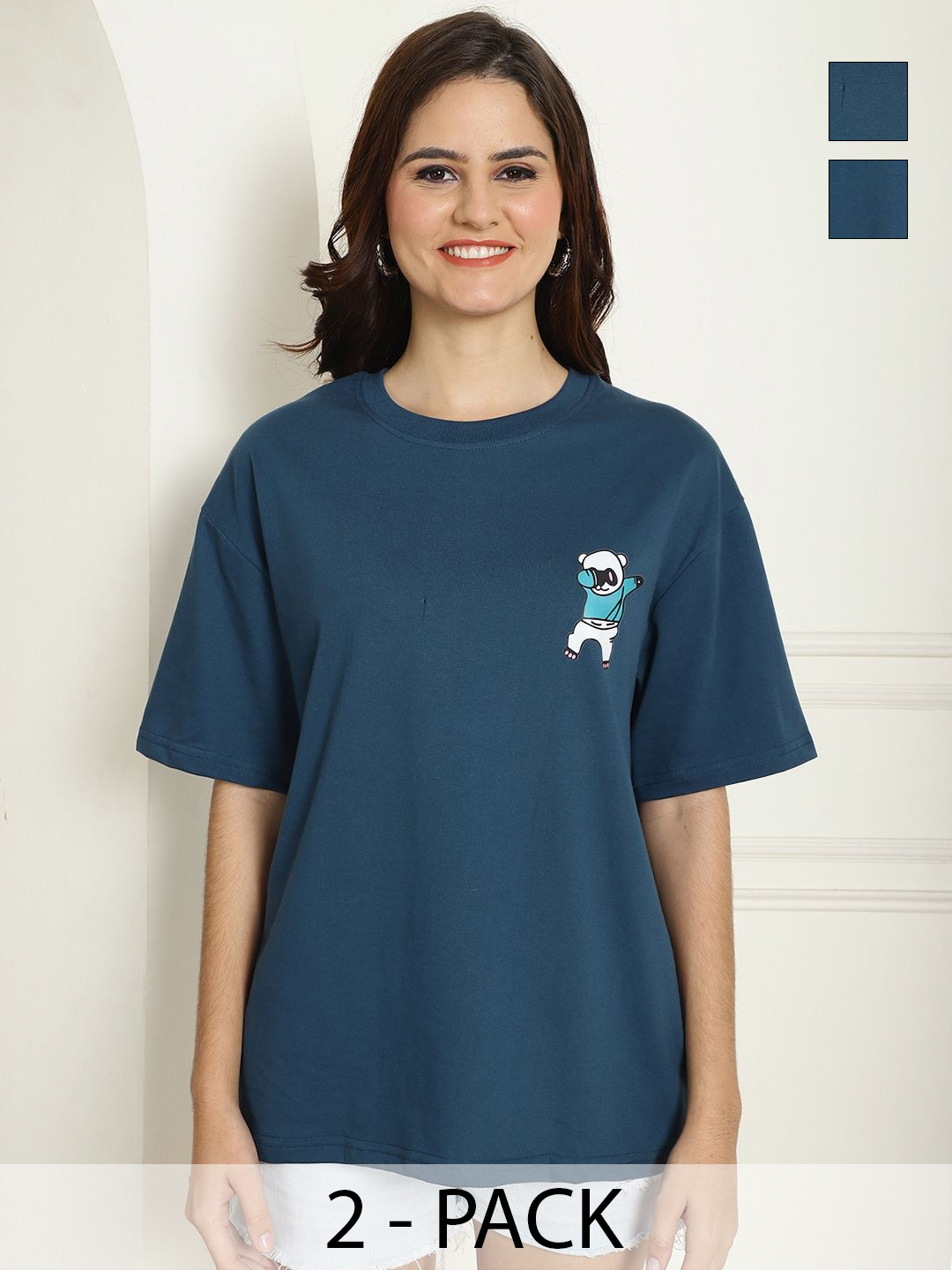 Metronaut Women Pack of 2 Kung Fu Panda Typography Printed Cotton Oversized T-shirts